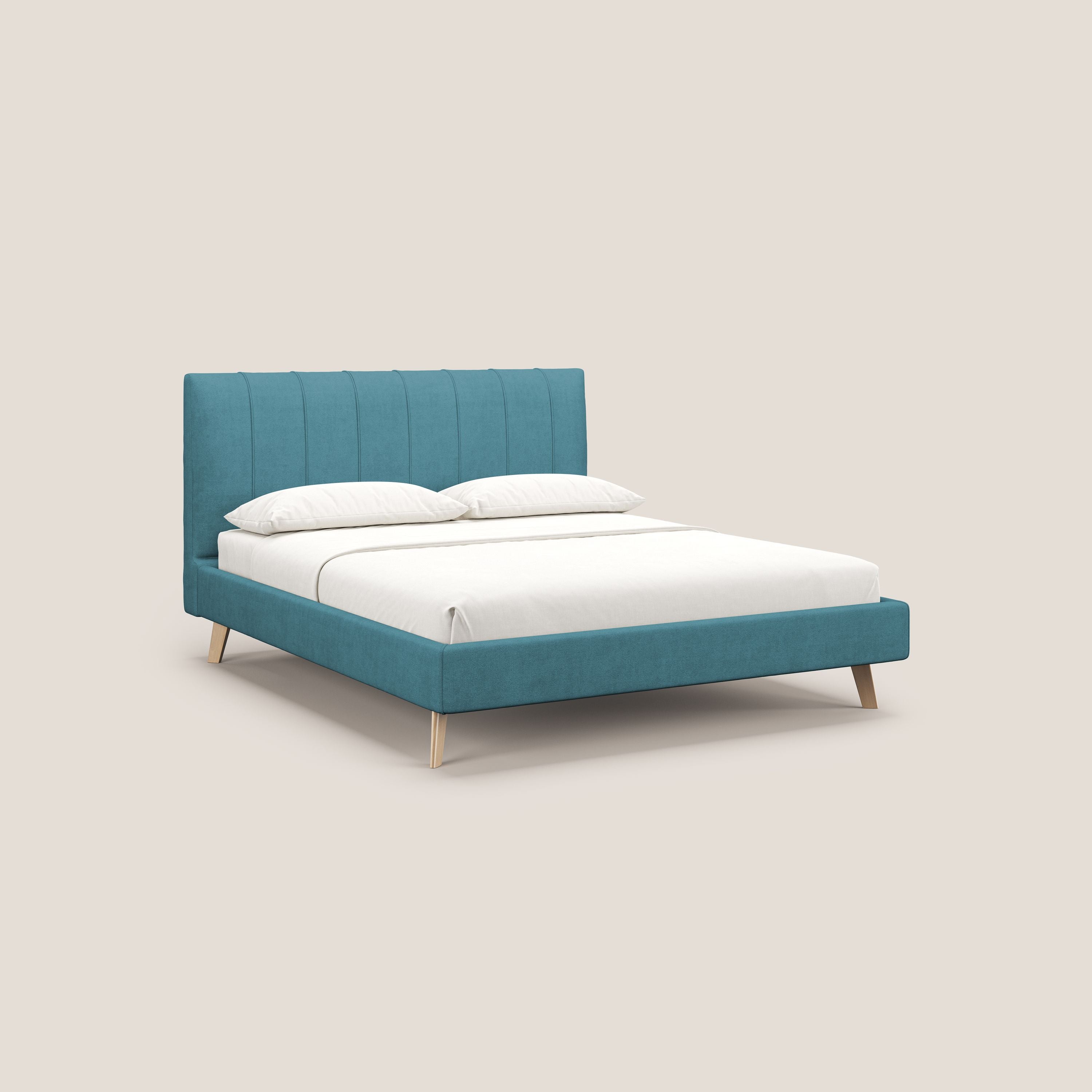 Selene letto imbottito con piedini naturali sfoderabile in tessuto impermeabile T02 azzurro - divani.store