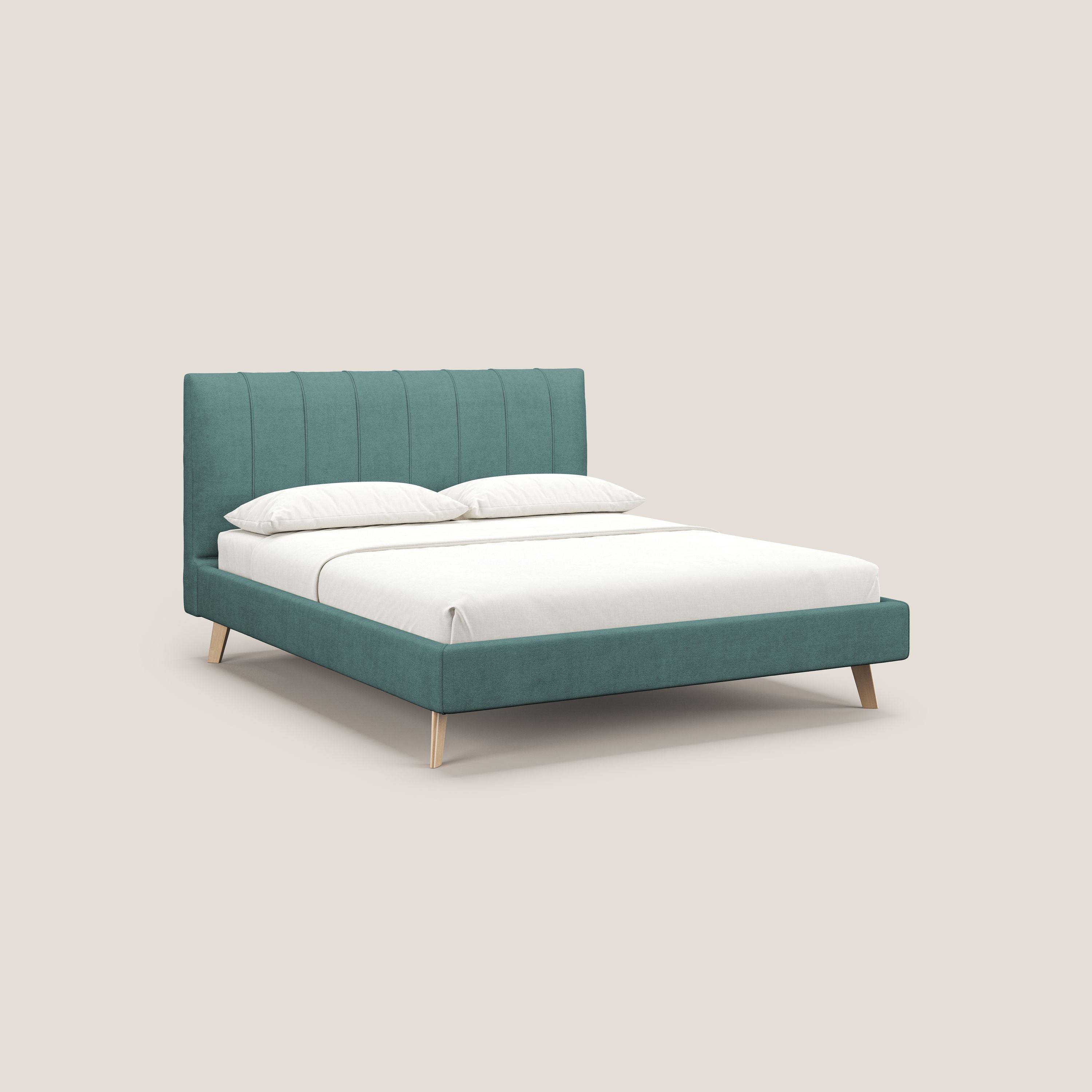 Selene letto imbottito con piedini naturali sfoderabile in tessuto impermeabile T02 petrolio - divani.store