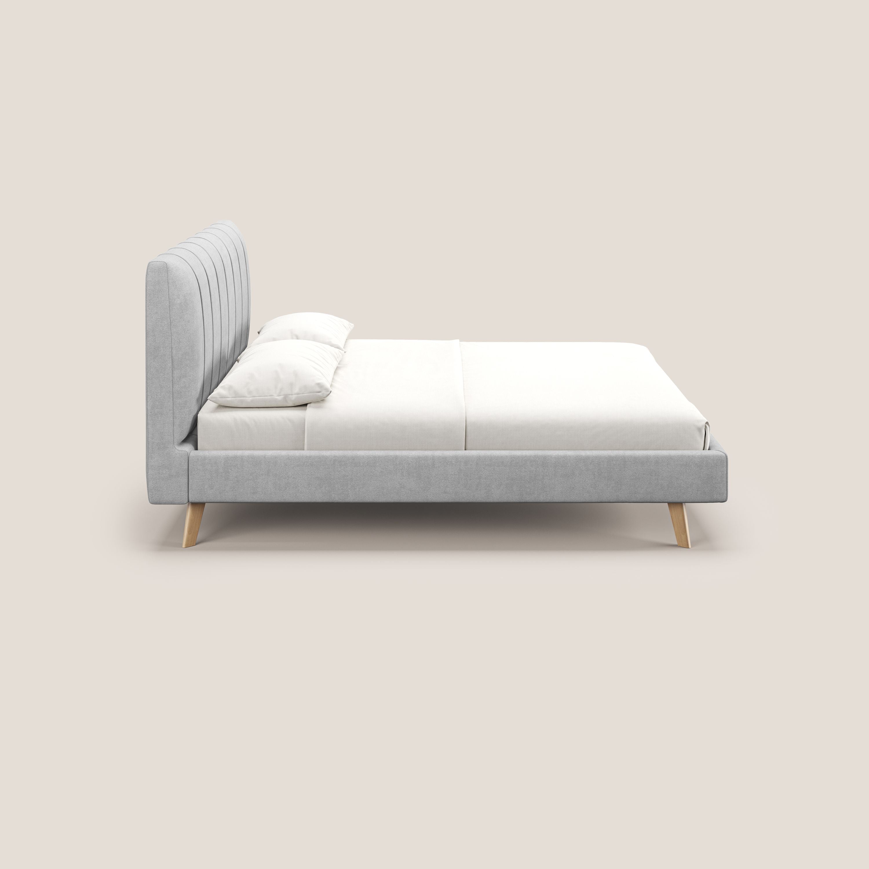 Selene letto imbottito con piedini naturali sfoderabile in tessuto impermeabile T02 grigio chiaro - divani.store