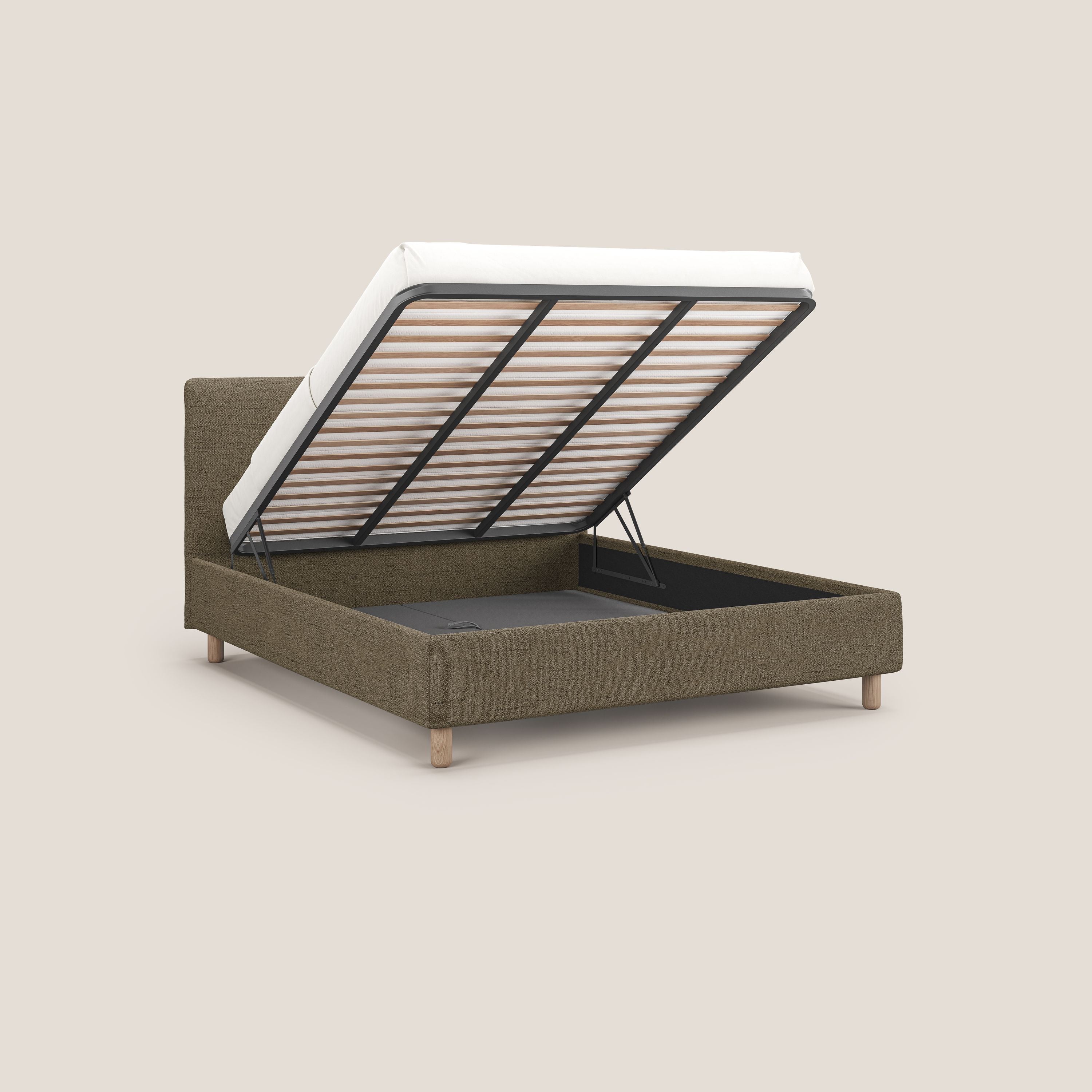 Serena letto contenitore salvaspazio scandinavo in tessuto fiammato impermeabile T03 marrone - divani.store