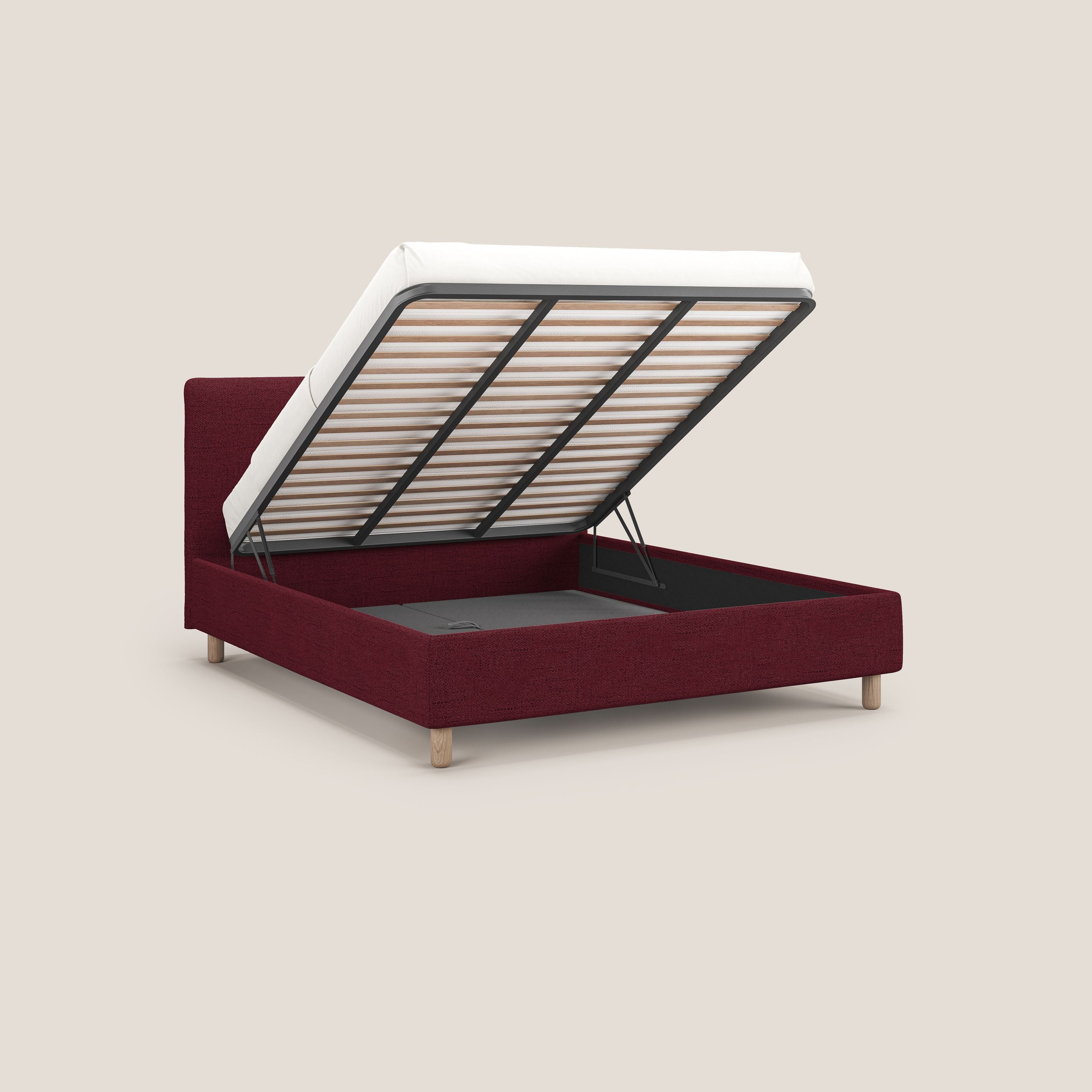 Serena letto contenitore salvaspazio scandinavo in tessuto fiammato impermeabile T03 rosso - divani.store