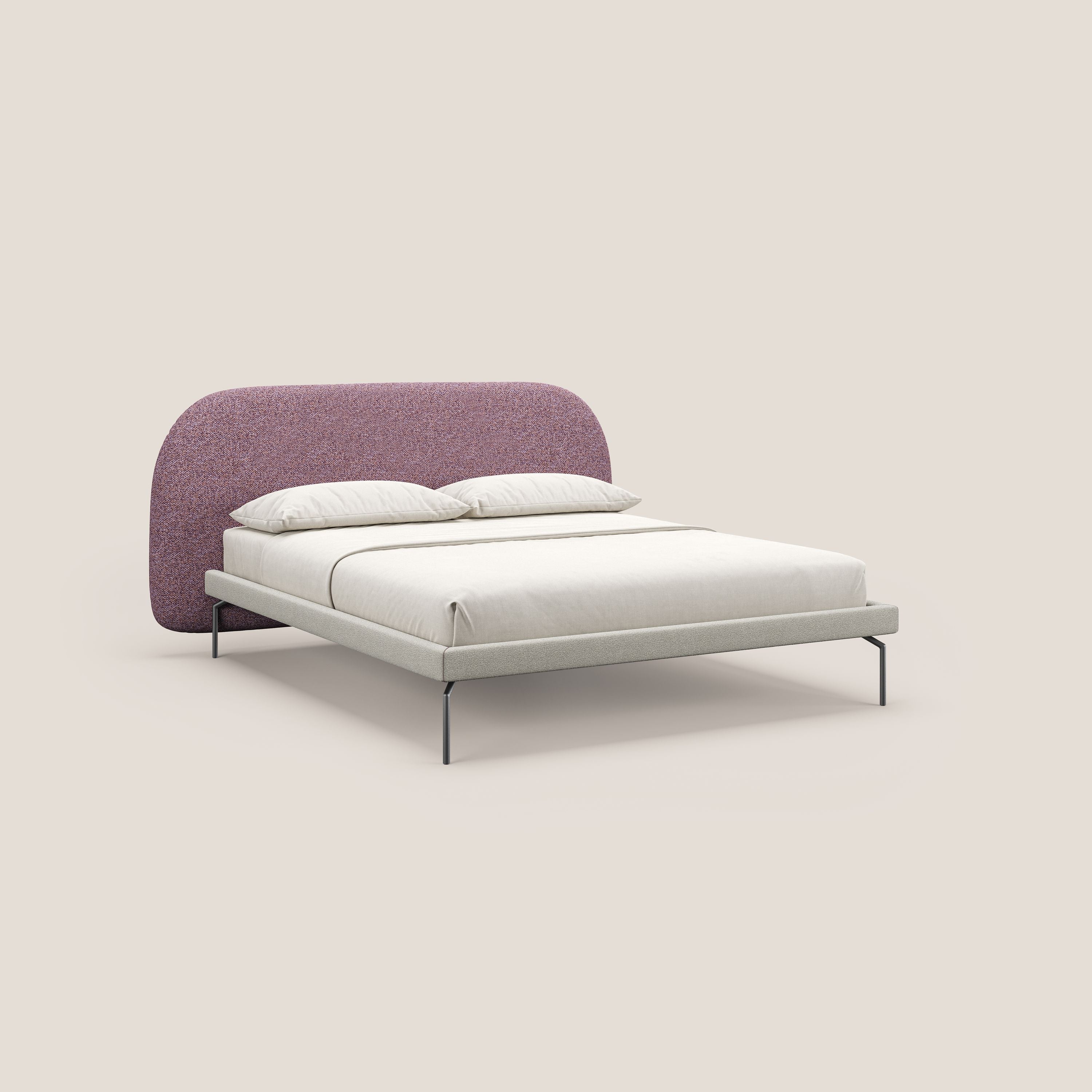 Soleil letto imbottito di design con piedi alti in metallo in bouclet smacchiabile T12 viola - divani.store