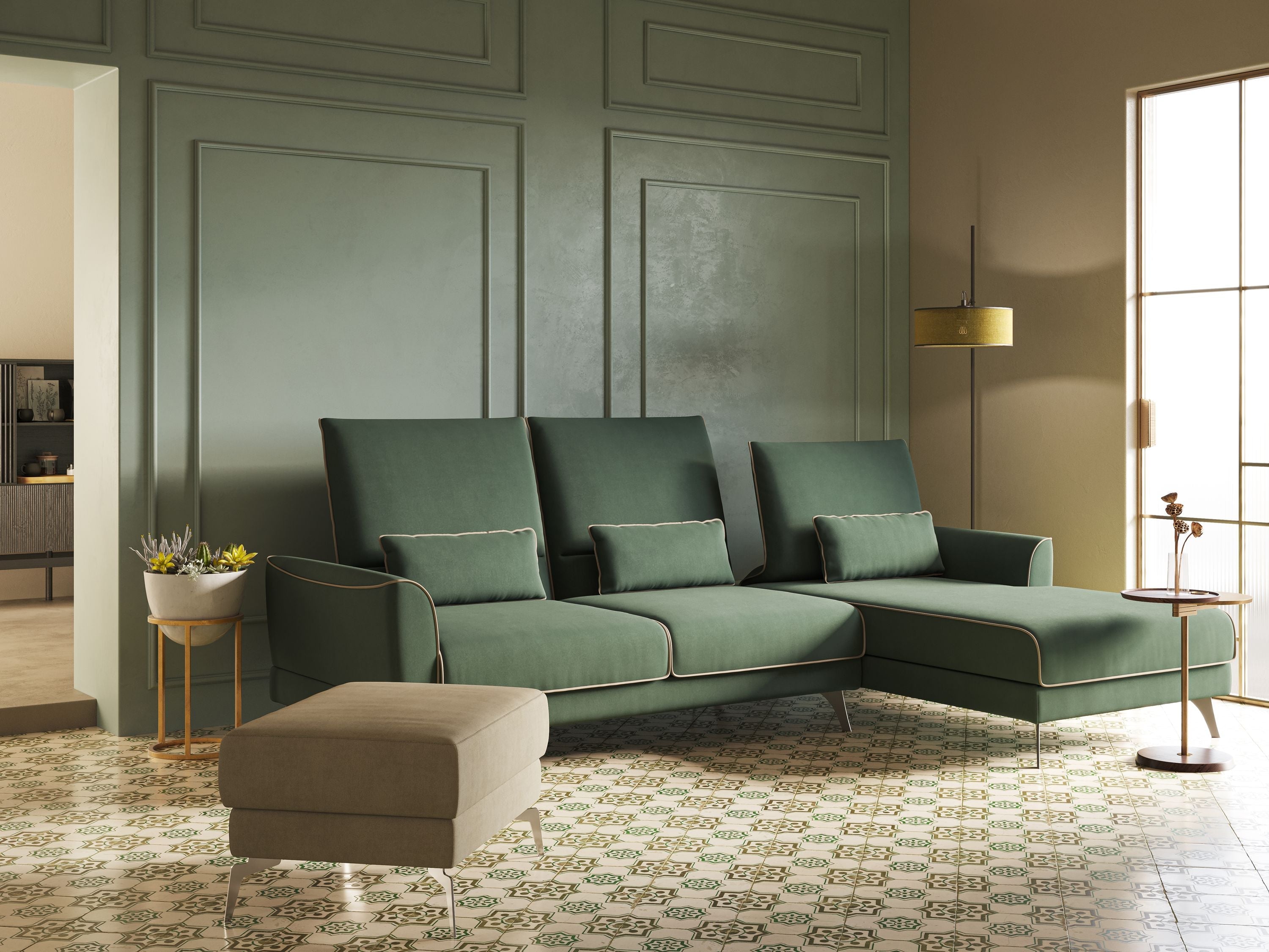 Tommy Divano angolare con relax e schienali traslanti in microfibra smacchiabile T11 verde - divani.store