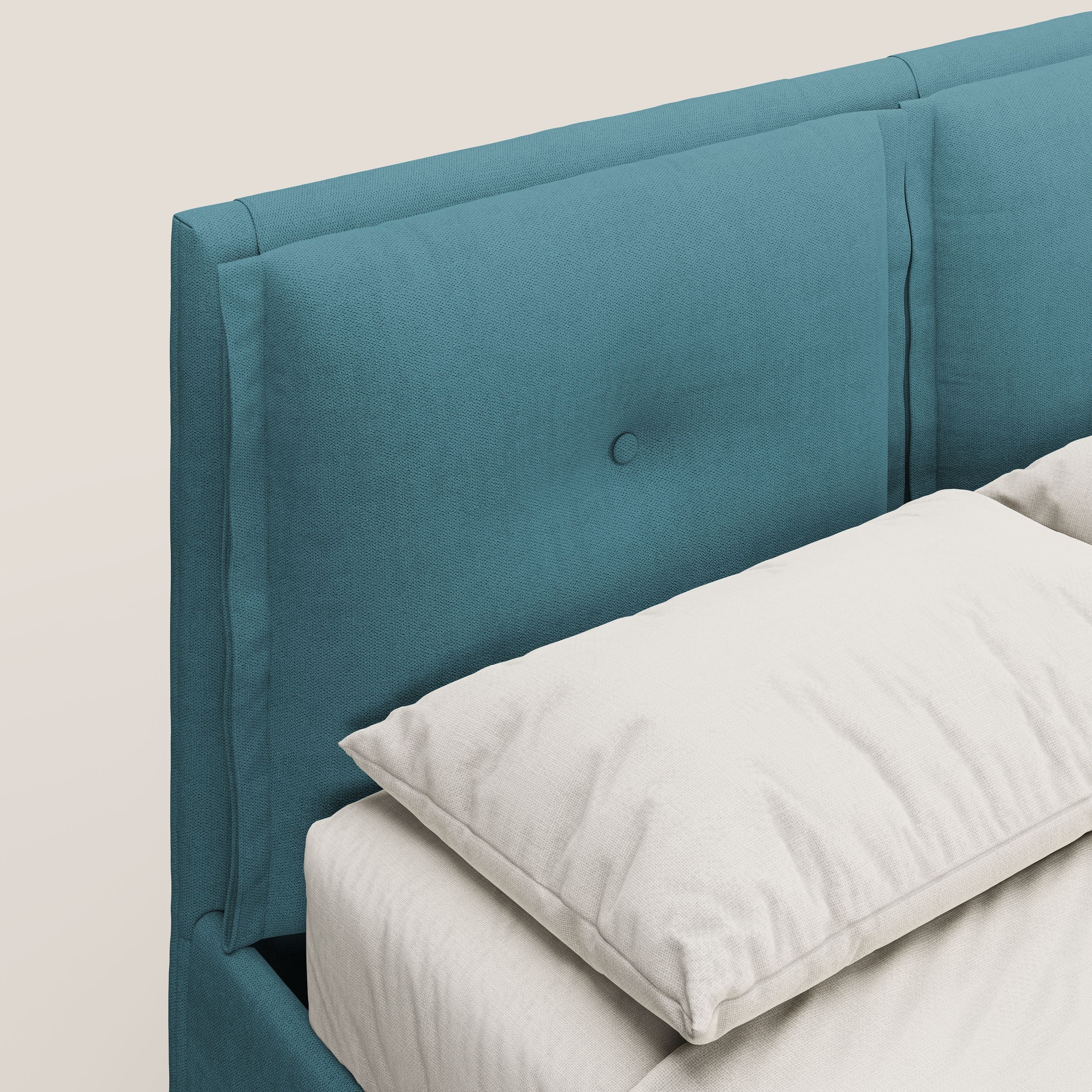 Travis letto contenitore con cuscini mobili trapuntati in tessuto impermeabile T02 azzurro - divani.store