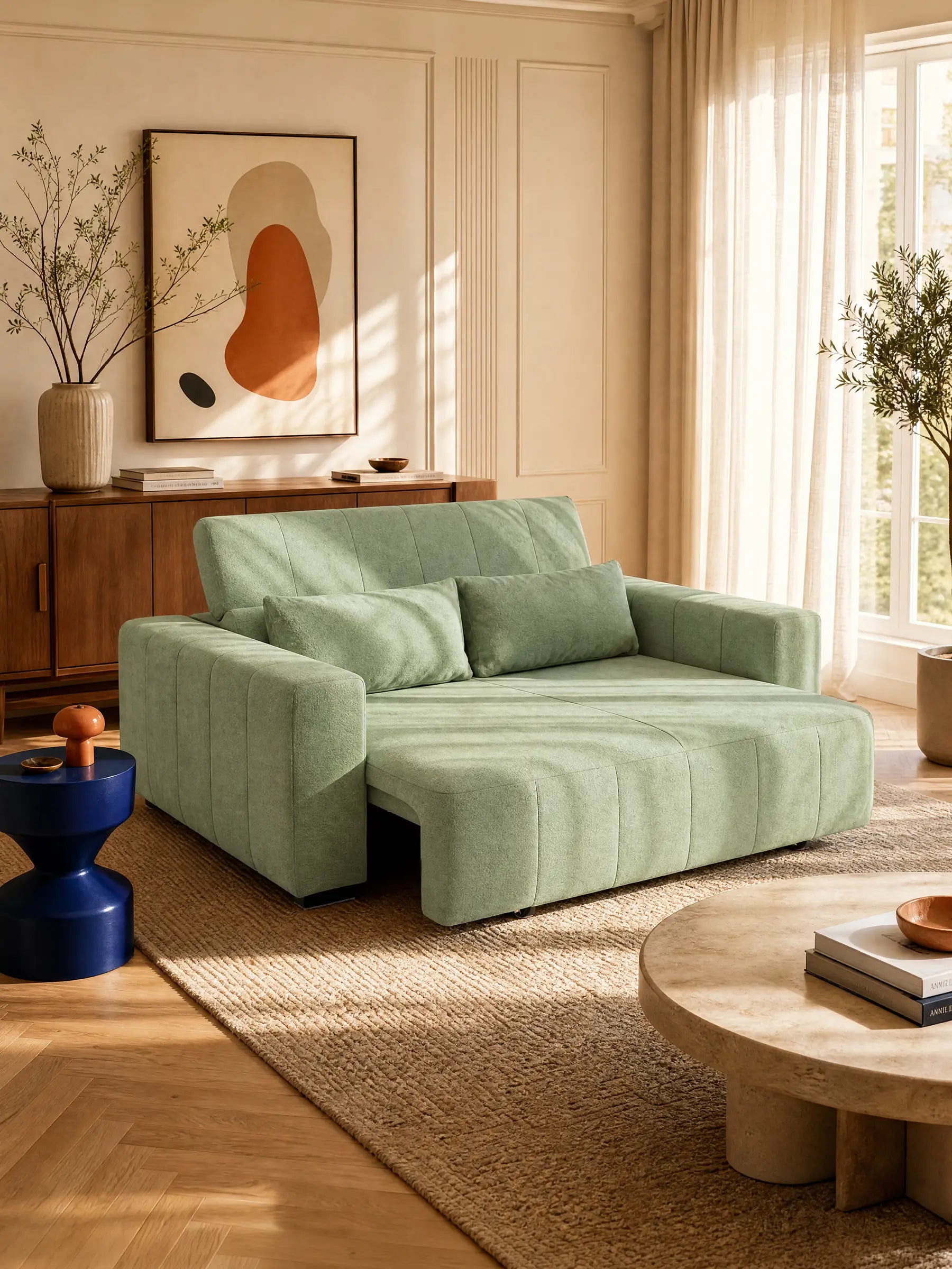 Un divano dorico a 3 posti con sedute allungabili tramite meccanismo relax elettrico di Divani.Il divano, rivestito in tessuto T23 verde chiaro antimacchia, è posizionato su un tappeto color cuoio in un luminoso soggiorno con pareti dai toni neutri, una credenza in legno, opere d’arte astratte, piante in vaso, un tavolino rotondo e luce naturale che filtra attraverso tende trasparenti appese alle ampie finestre.