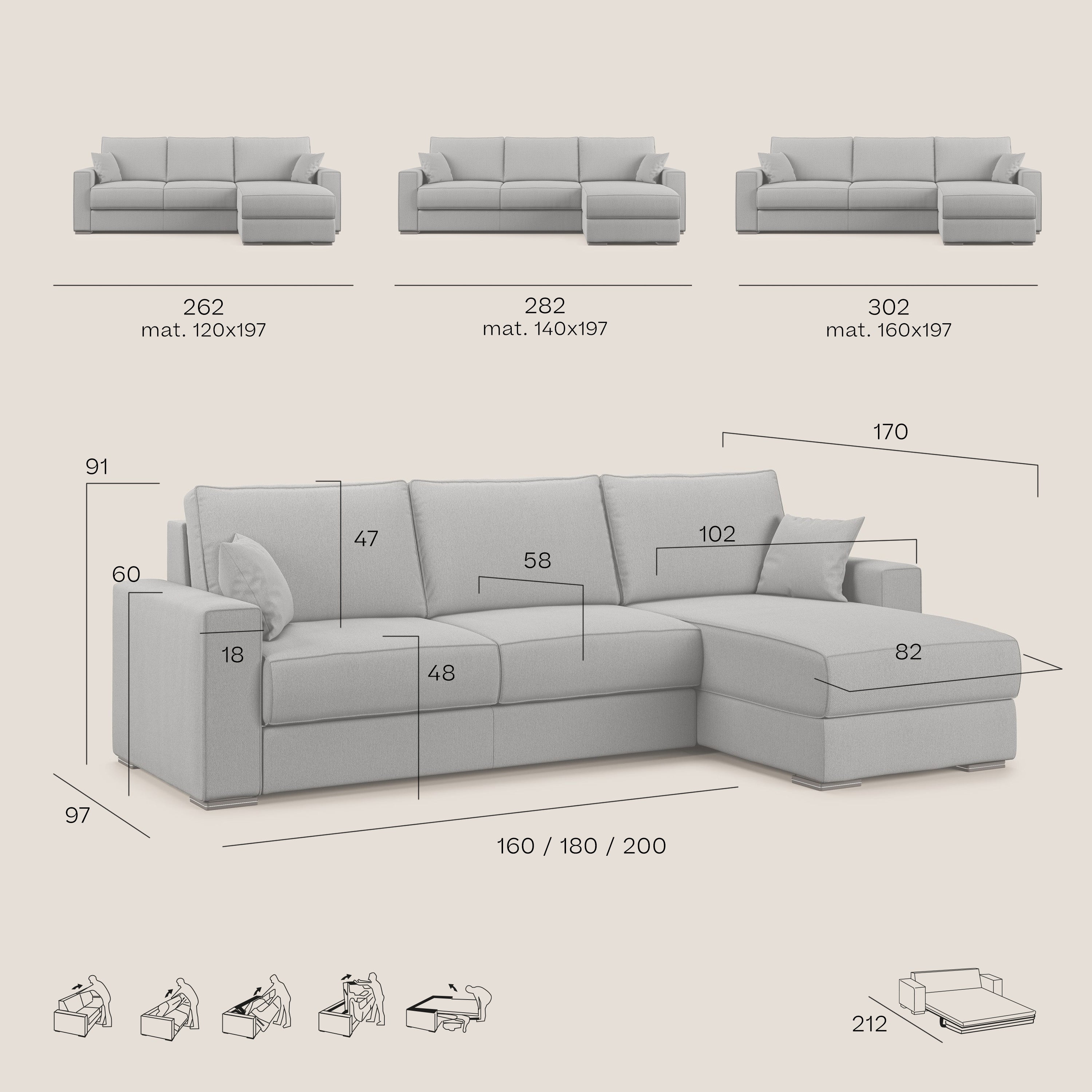 Dream Divano letto angolare in tessuto smacchiabile T05 carta da zucchero - divani.store