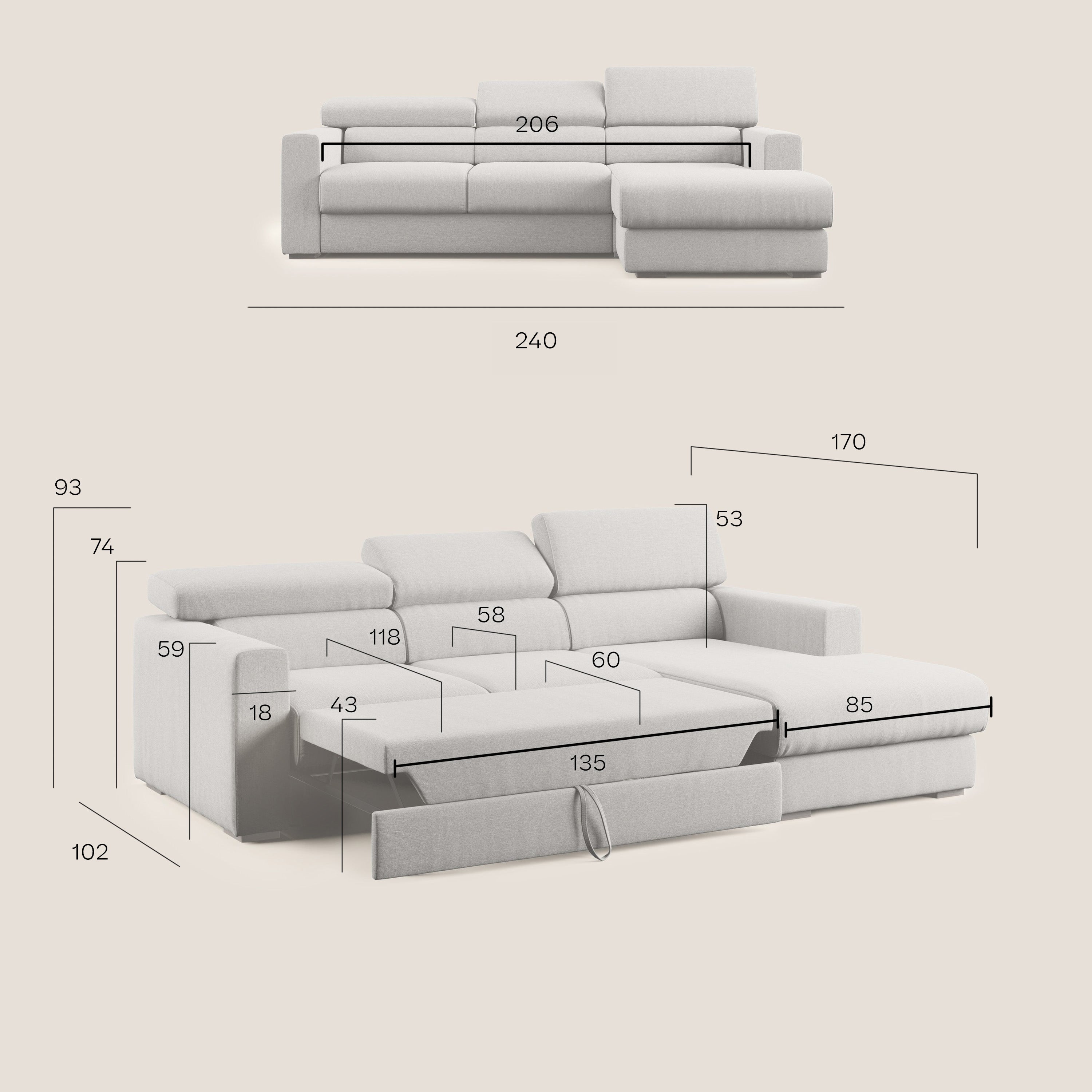 Dylan divano angolare con pouf estraibile poggiapiedi in tessuto simil cotone impermeabile T13 panna - divani.store