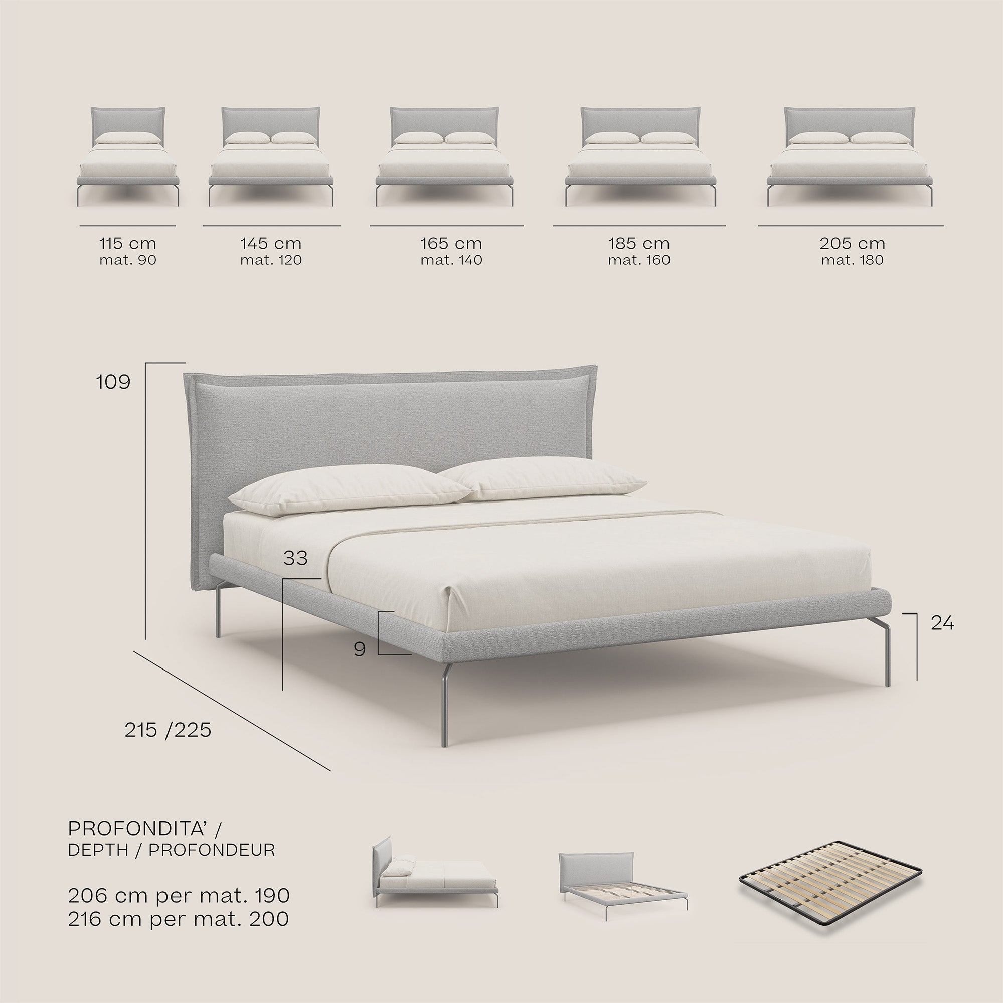 Eric letto imbottito design minimal in morbido tessuto impermeabile T14 tortora - divani.store