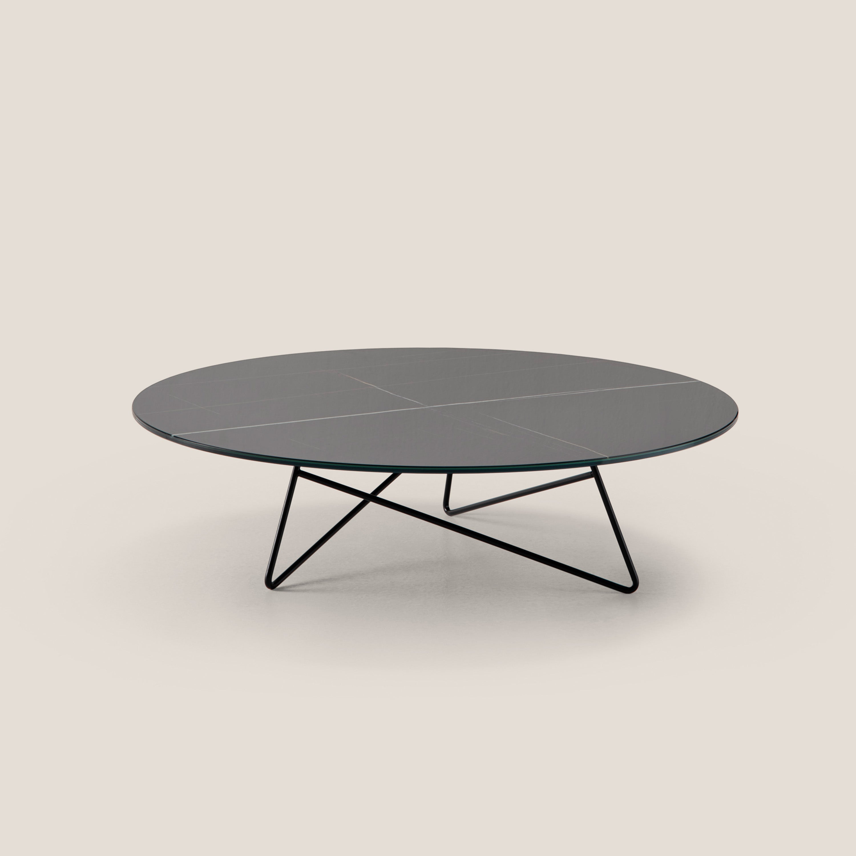 Ermione tavolino basso rotondo da salotto con top in vetro marmo sahara black h25 - divani.store