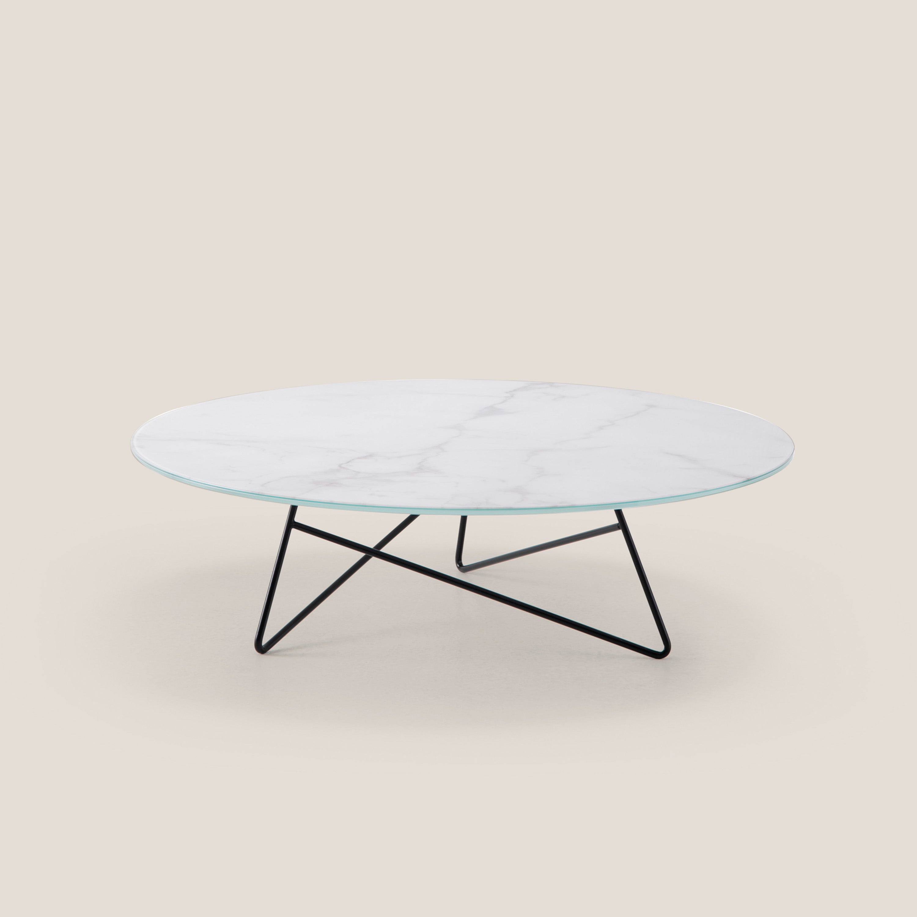Ermione tavolino basso rotondo da salotto con top in vetro marmo bianco calacatta h25 - divani.store