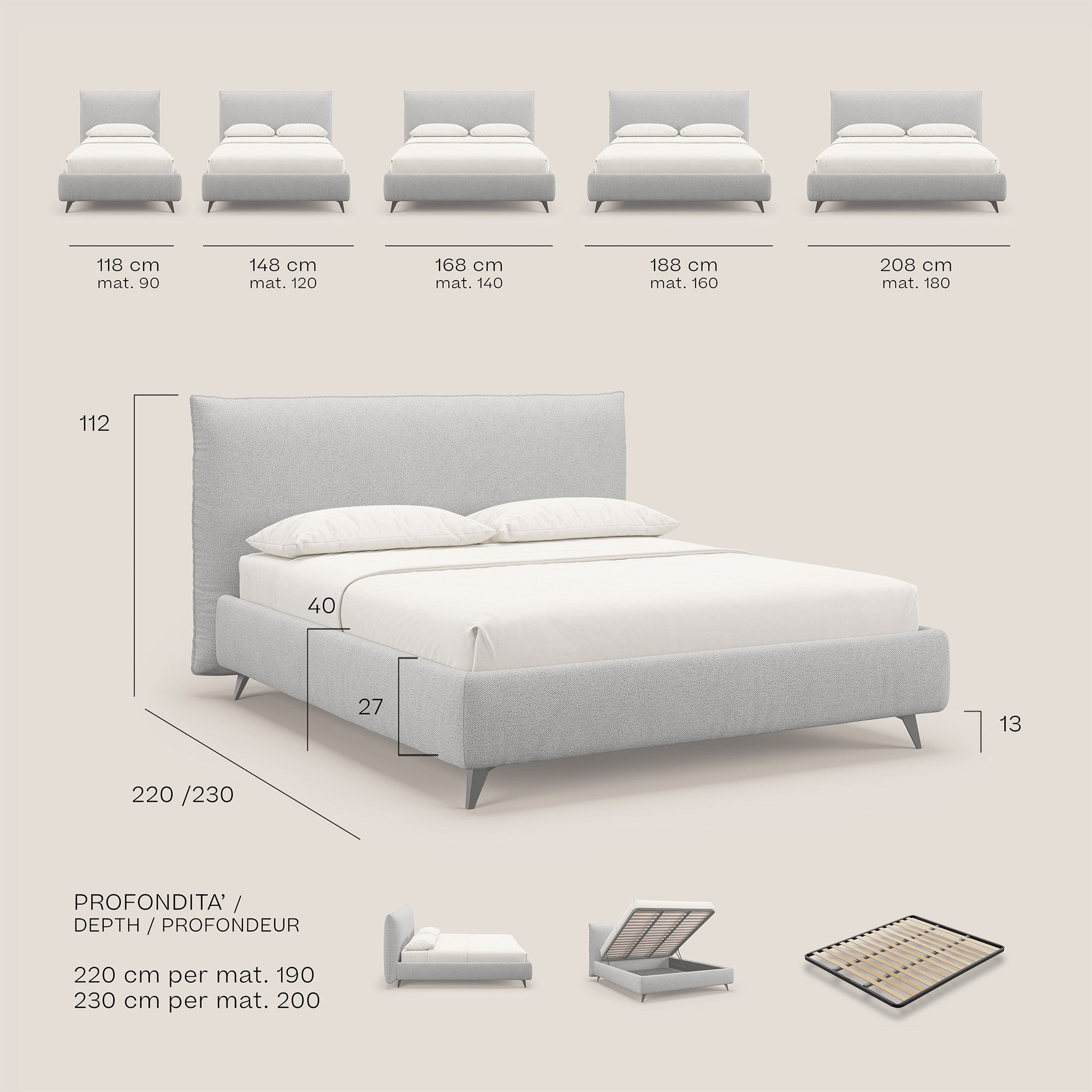 EROS letto imbottito in piuma con vano contenitore in pregiato e fresco bouclet smacchiabile T16 beige - divani.store