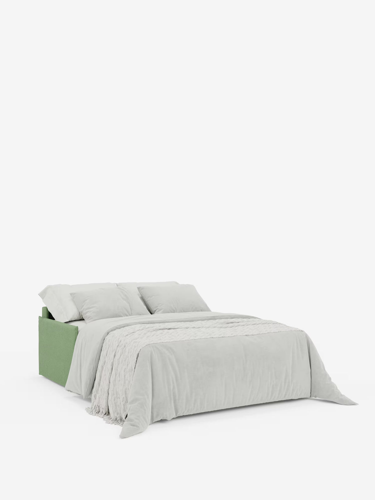 Certamente! Ecco una versione riscritta della frase utilizzando i dati del prodotto forniti: Il divano letto matrimoniale sfoderabile Evans di Divani.Store presenta un design compatto con rivestimento verde chiaro, un materasso spazioso e un pratico vano porta-cuscini, il tutto realizzato in tessuto T23 facile da pulire. Allestito con cura con biancheria da letto grigio chiaro, un plaid testurizzato e quattro cuscini coordinati, offre un comfort ottimale e una versatilità salvaspazio su uno sfondo bianco a