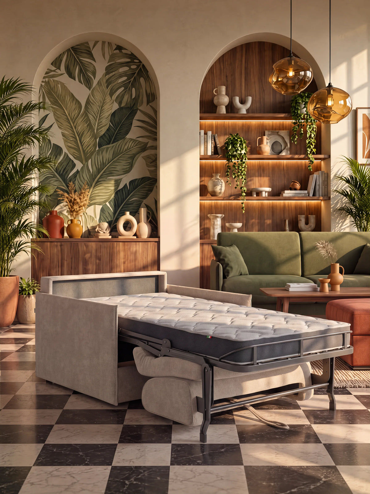 Un soggiorno moderno con un divano letto Salvaspazio grigio aperto, pavimento in piastrelle a scacchi, una poltrona letto compatta Evans verde con materasso di Divani.Store — sfoderabile in tessuto smacchiabile T23 — mensole in legno con oggetti decorativi, lampade rotonde in vetro, piante in vaso e un murale ricco di fogliame. La calda luce del sole inonda la stanza, creando un’atmosfera accogliente ed elegante, perfetta per rilassarsi o ospitare gli ospiti per la notte sul comodo materasso.