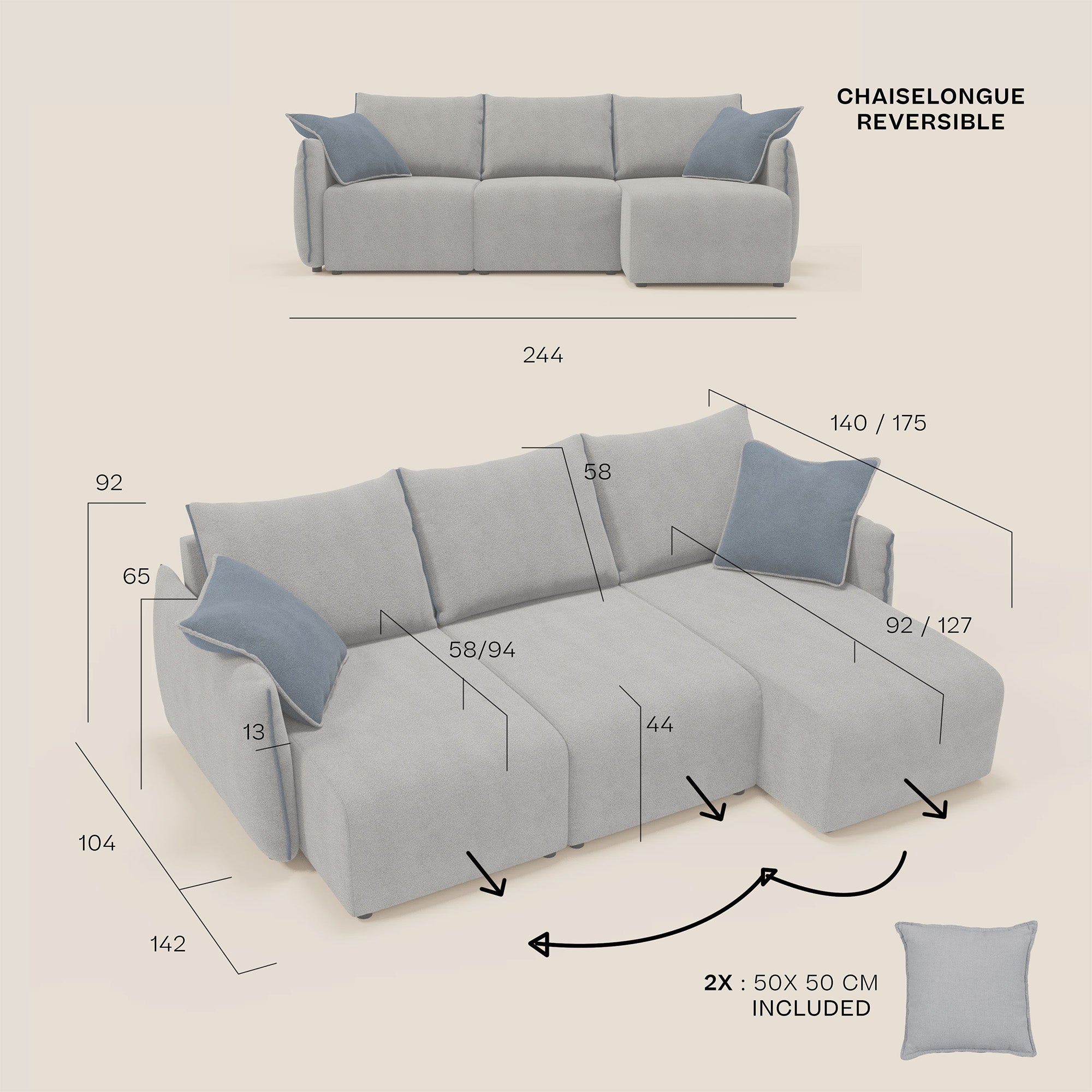 Flexar Canapé d'angle réversible avec assises coulissantes en bouclette douce imperméable T07
