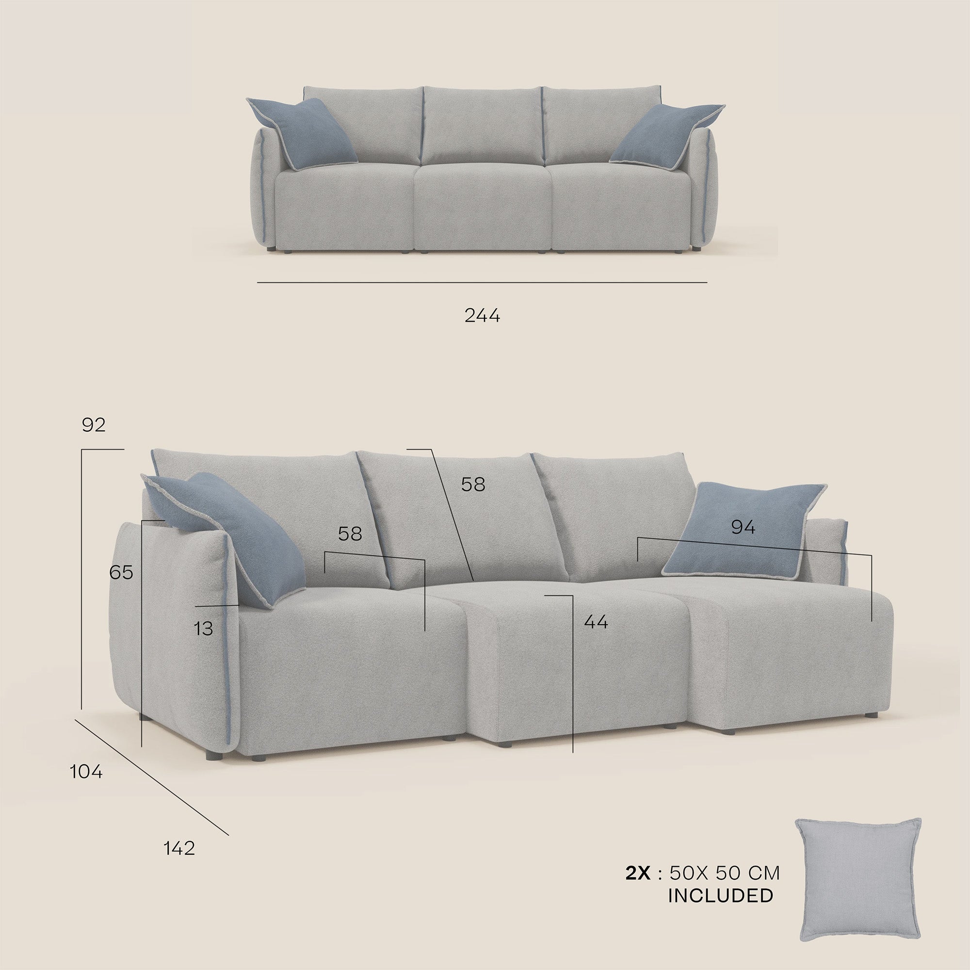 Flexar Canapé  avec 3 assises coulissantes et dossier en duvet en bouclette douce et imperméable T07