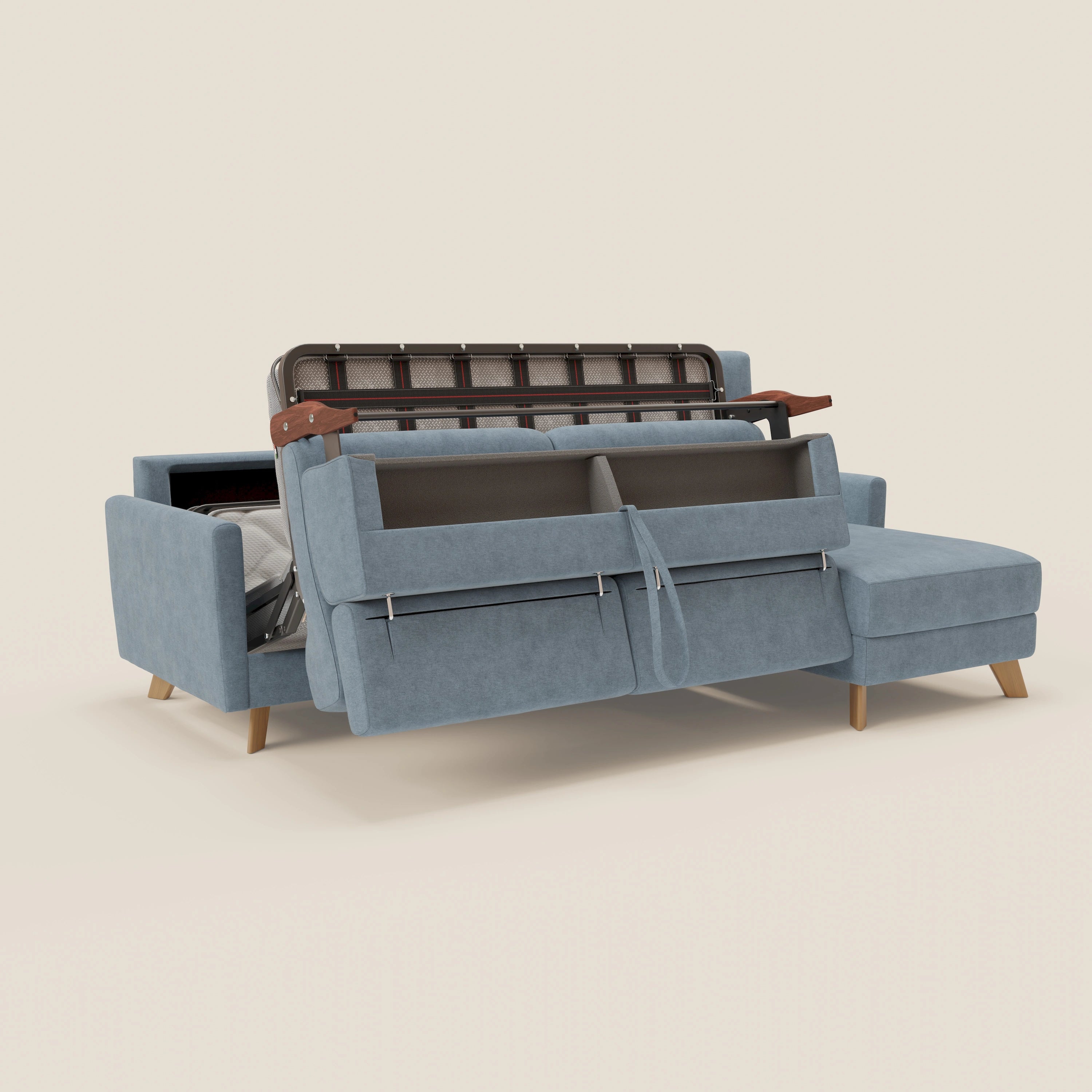 Francy canapé d'angle convertible déhoussable - méridienne avec coffre et têtières inclinables en tissu détachable T17 bleu pastel