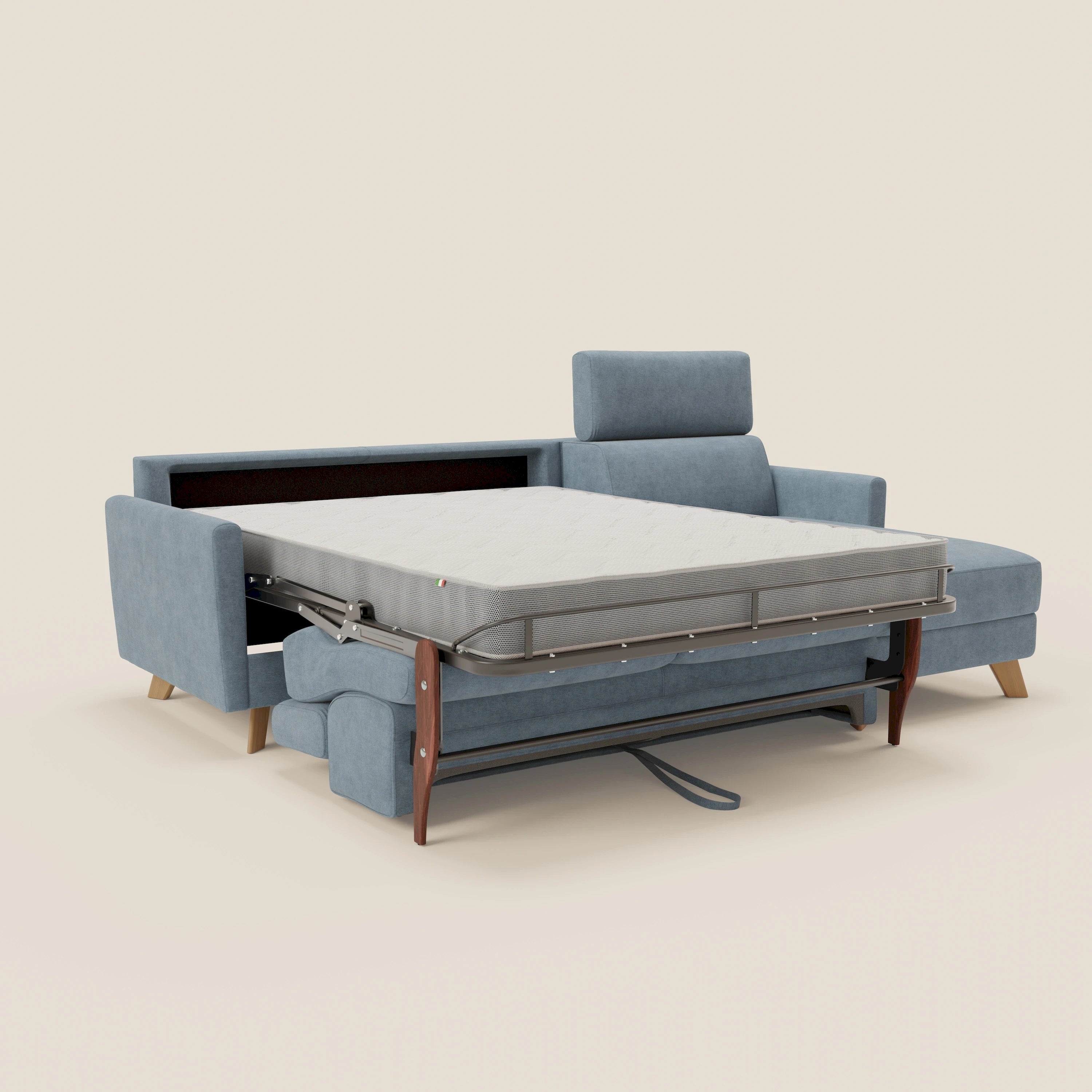 Francy canapé d'angle convertible déhoussable - méridienne avec coffre et têtières inclinables en tissu détachable T17 bleu pastel
