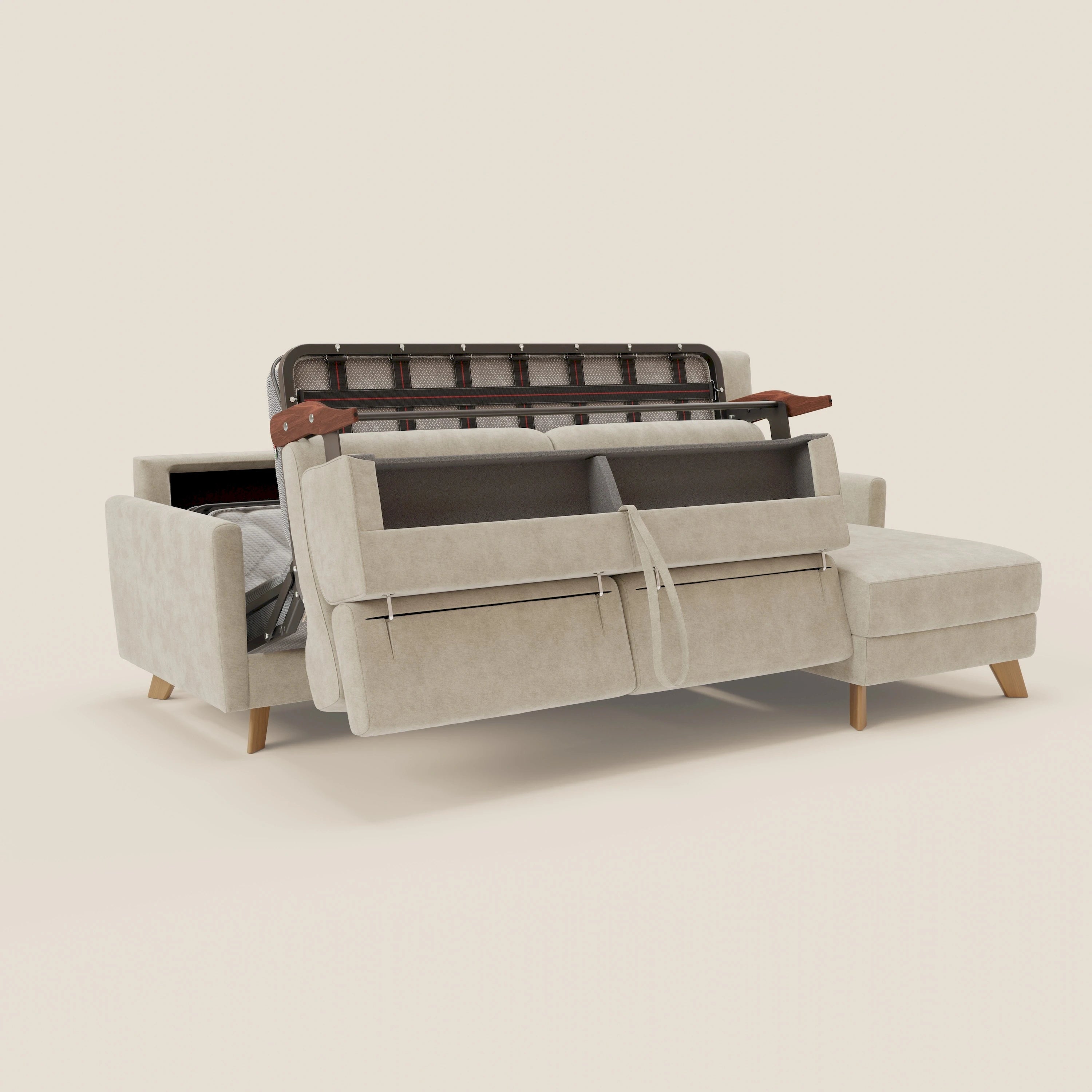Francy canapé d'angle convertible déhoussable - méridienne avec coffre et têtières inclinables en tissu détachable T17 crème