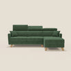 Il divano letto angolare sfoderabile Francy di Divani.Store, nel colore verde T17, è caratterizzato da una chaise longue destra, gambe in legno, due cuscini e poggiatesta e braccioli regolabili. In un contesto di tinta unita beige chiaro.