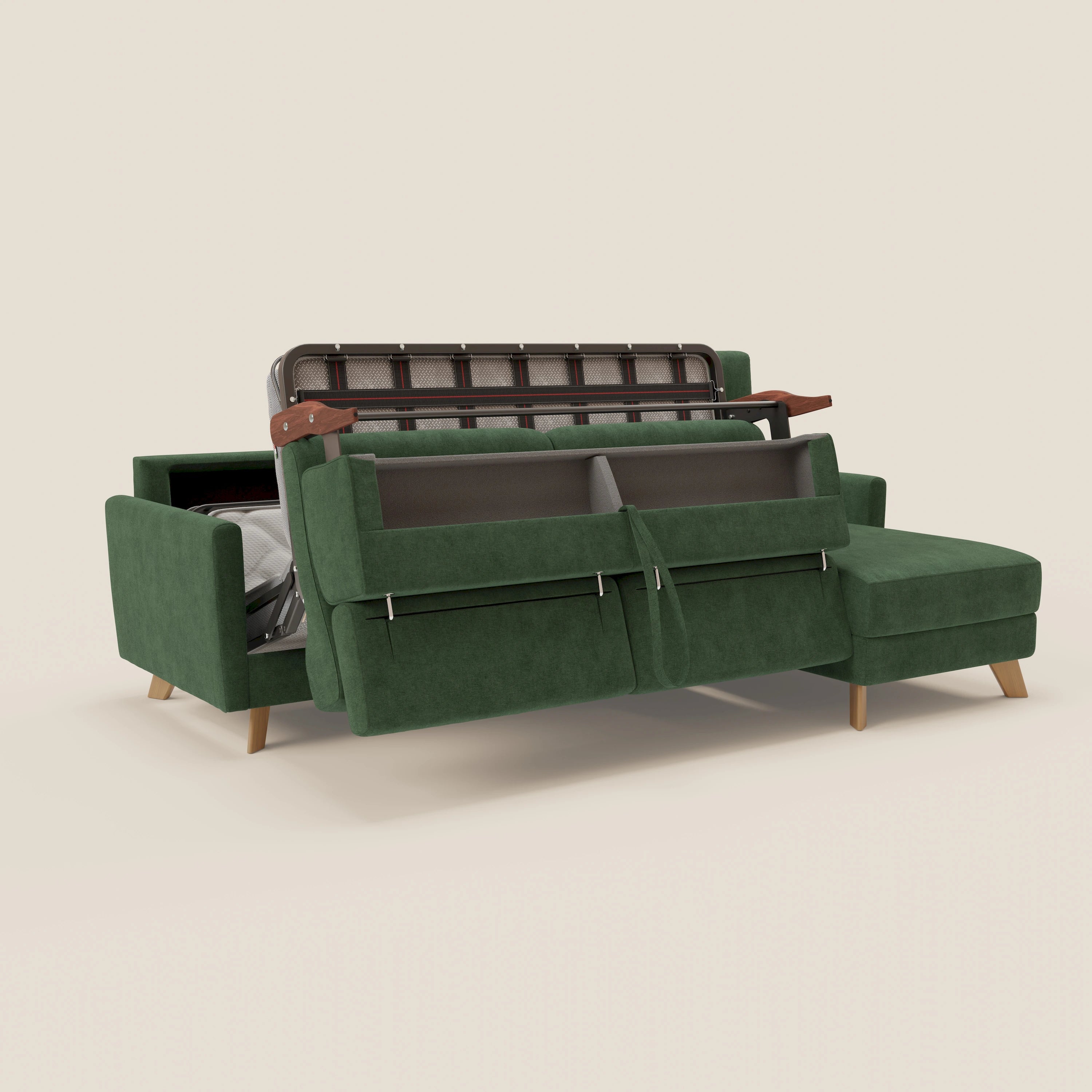 Francy canapé d'angle convertible déhoussable - méridienne avec coffre et têtières inclinables en tissu détachable T17 vert