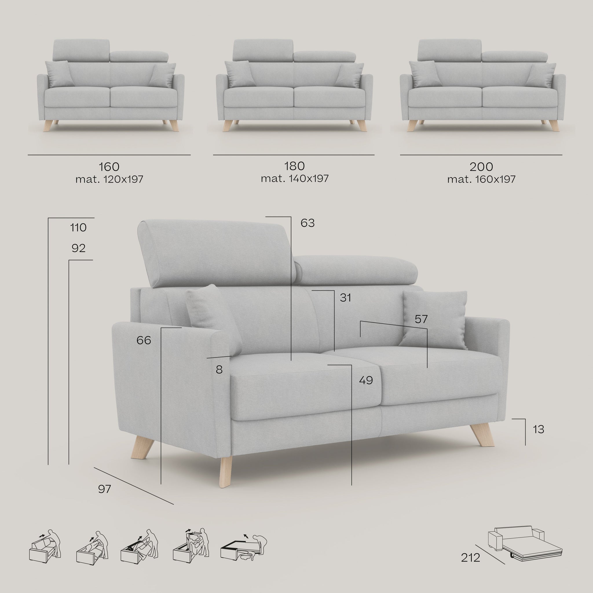 Francy canapé convertible avec têtières réglables en tissu détachable T17