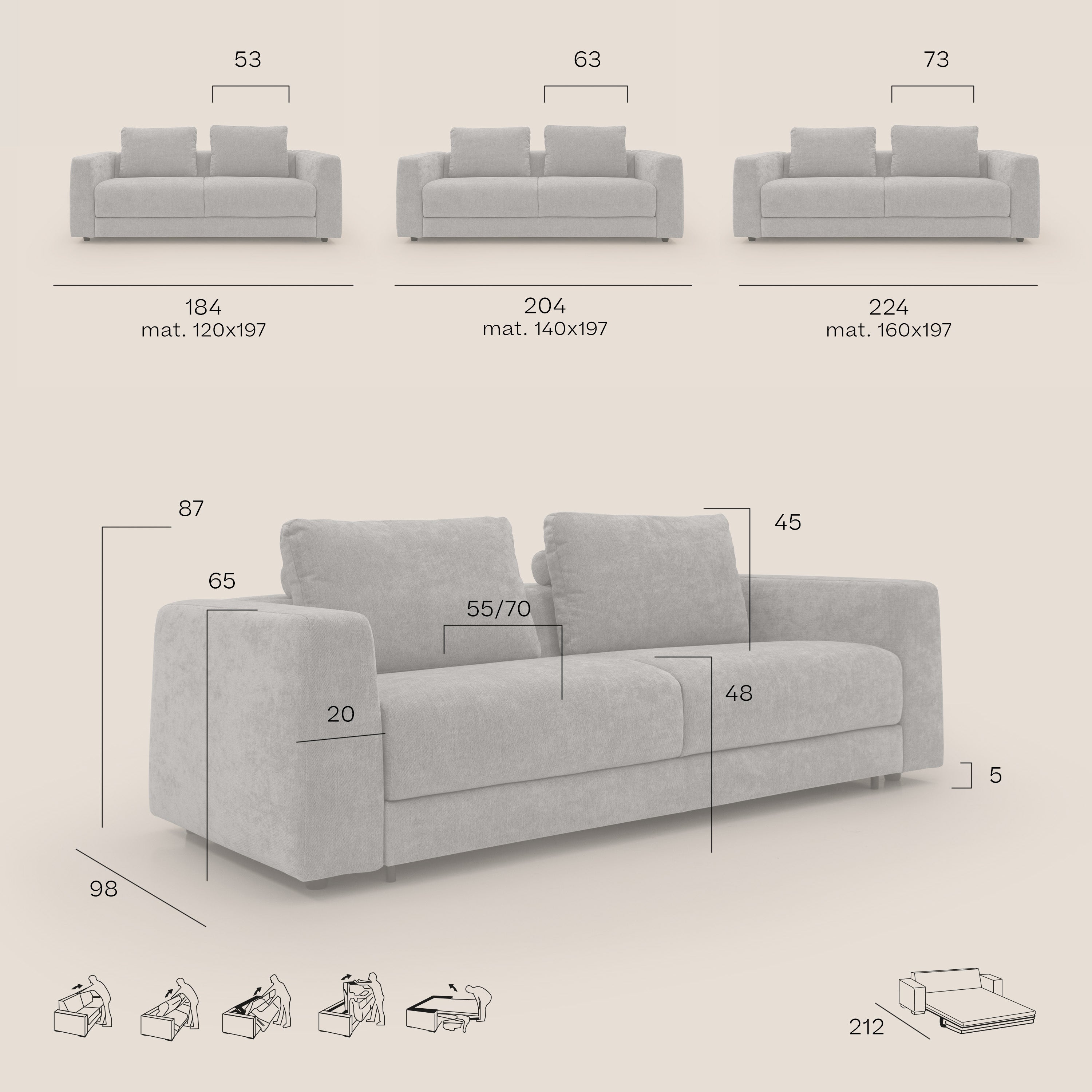 Freia Divano letto minimal materasso h15 cm con morbidi schienali in tessuto impermeabile T14 panna - divani.store