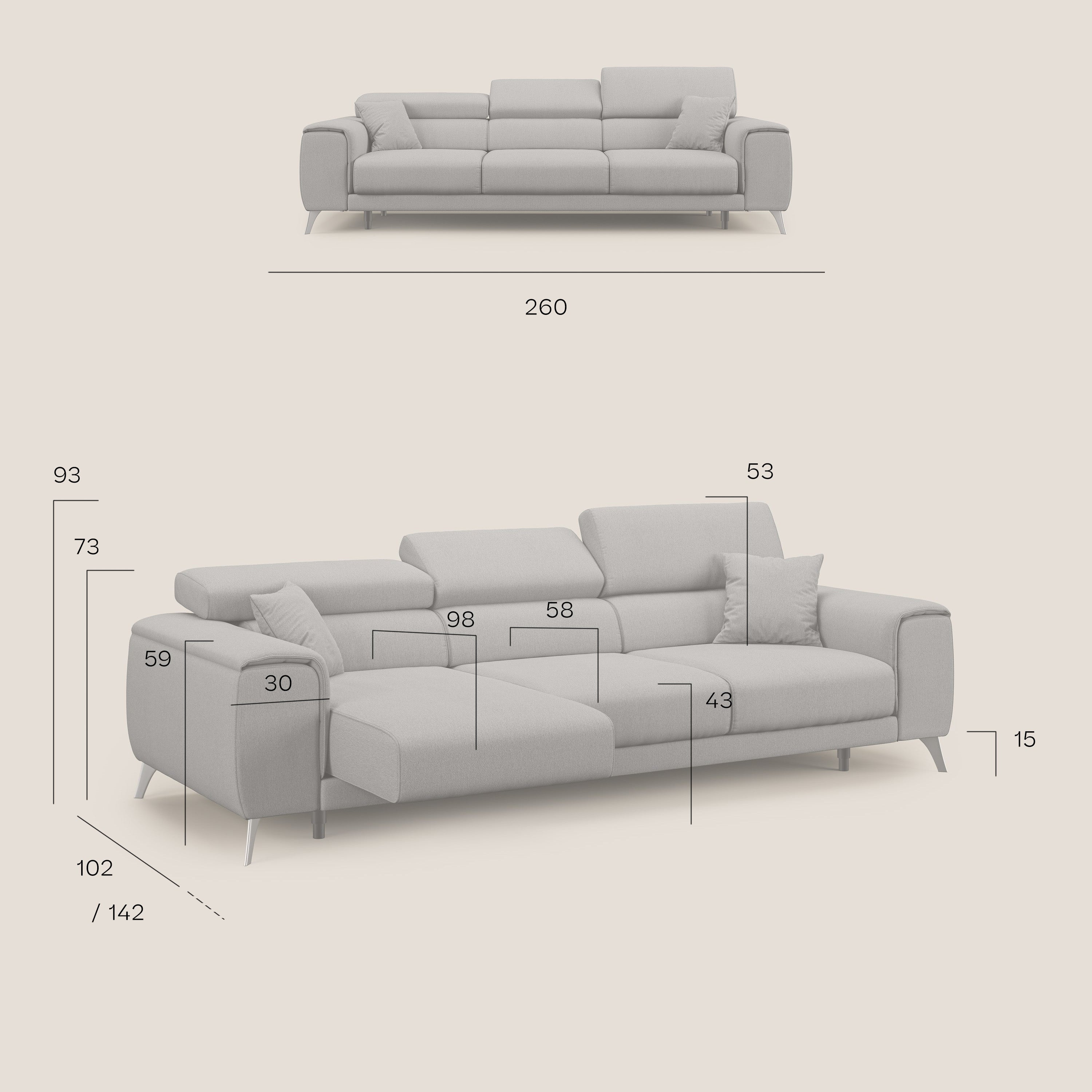 Fusion divano con 3 sedute allungabili in tessuto smacchiabile T05 grigio - divani.store