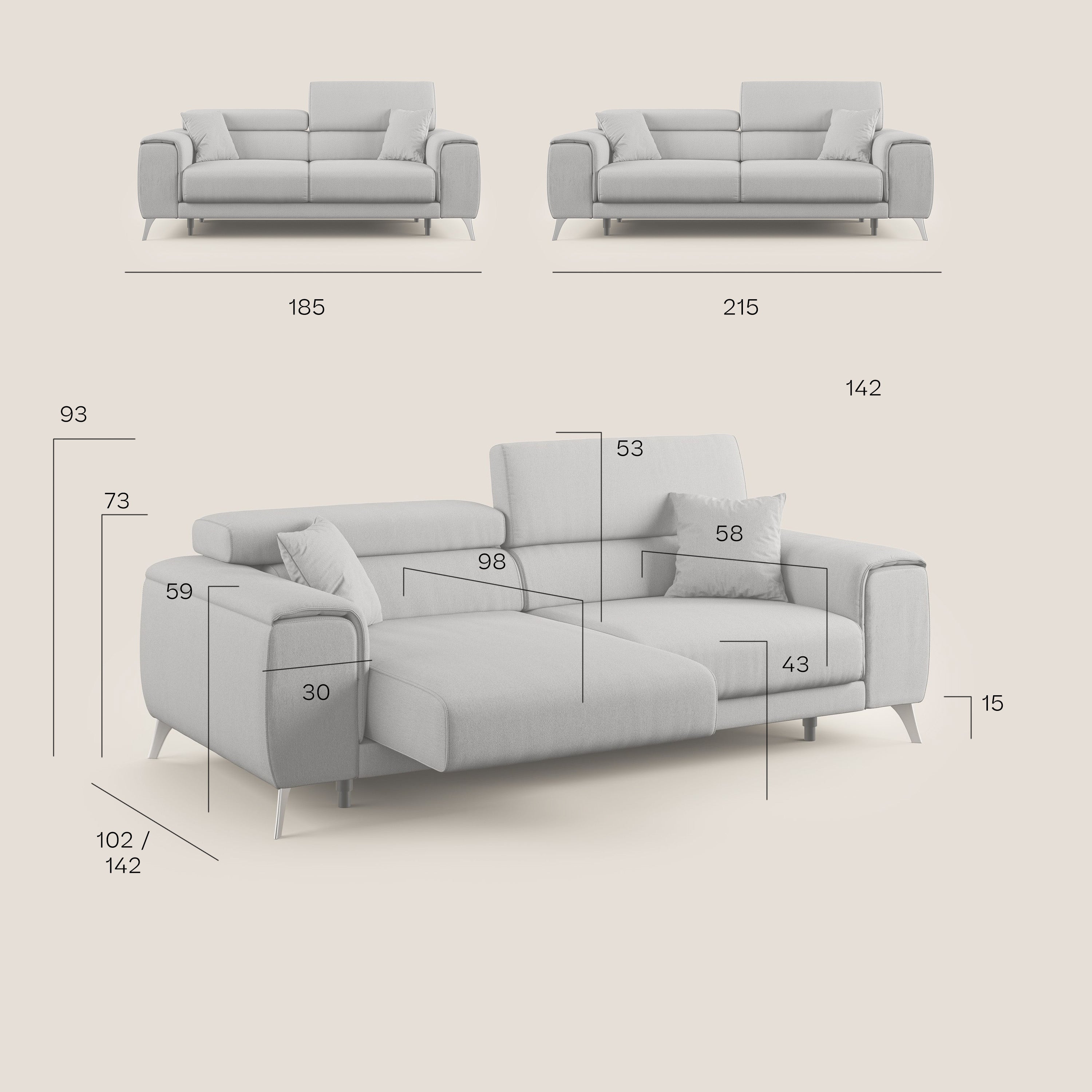 Fusion divano con sedute allungabili in tessuto smacchiabile T05 antracite - divani.store
