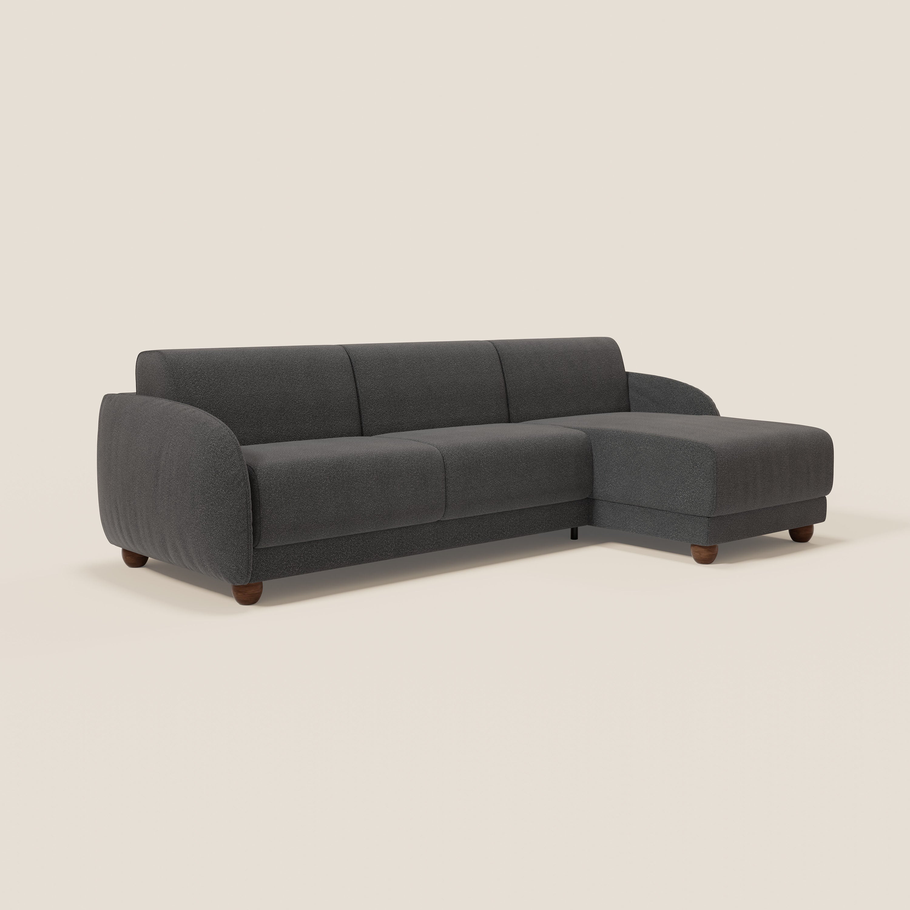 Giglio divano letto angolare con materasso alto 18 cm e penisola contenitore in morbido bouclé impermeabile T07 - divani.store