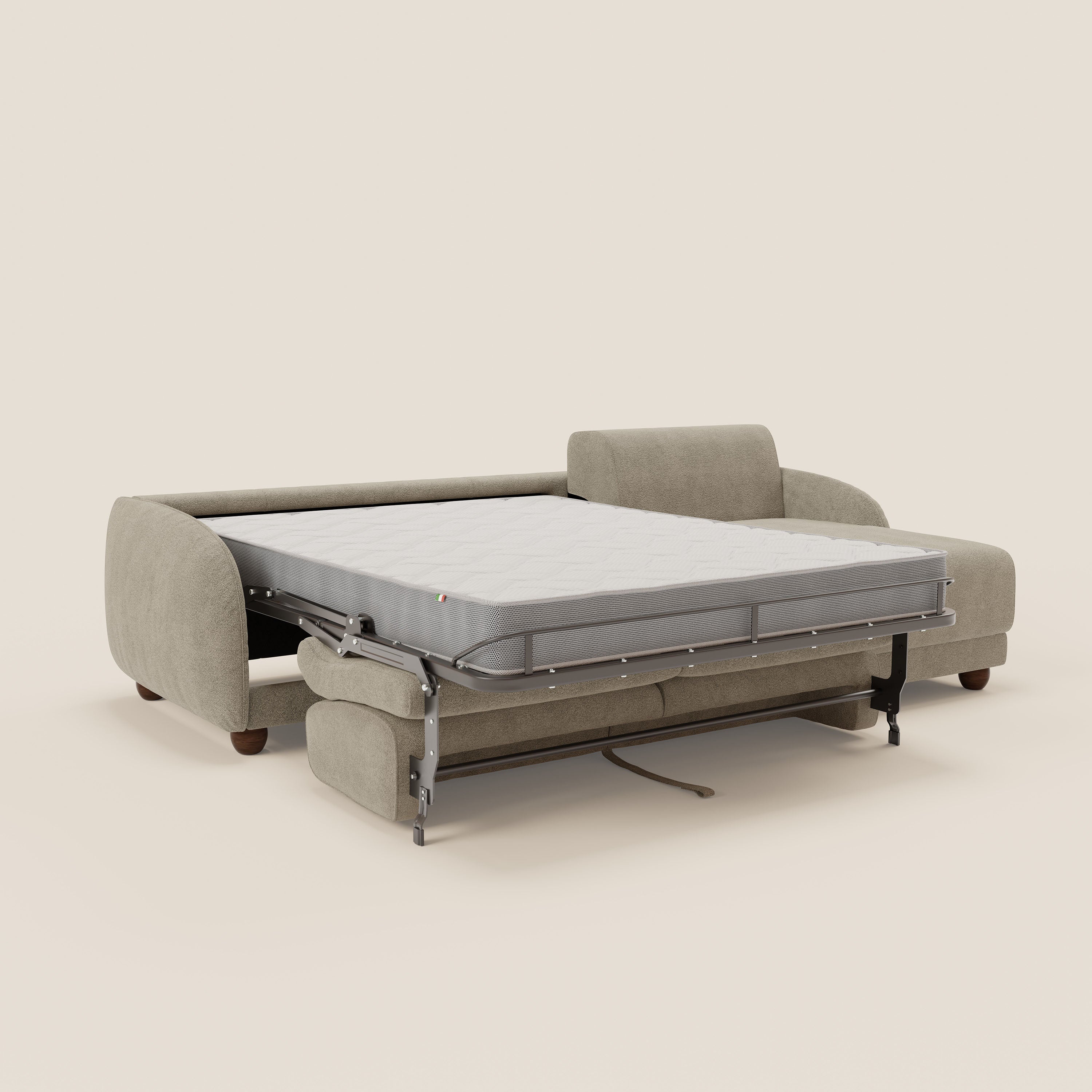 Giglio divano letto angolare con materasso alto 18 cm e penisola contenitore in morbido bouclé impermeabile T07 - divani.store