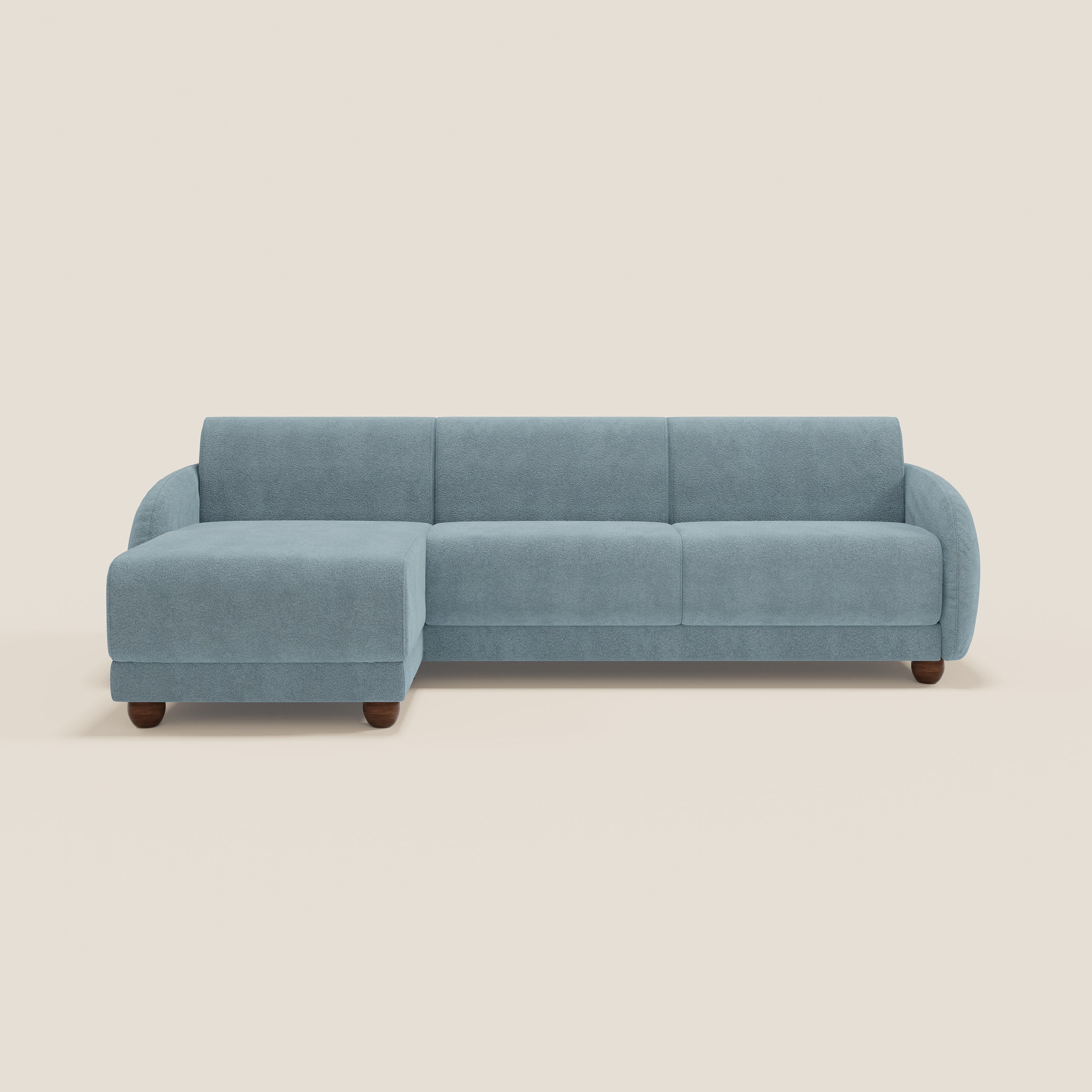 Giglio divano letto angolare con materasso alto 18 cm e penisola contenitore in morbido bouclé impermeabile T07 - divani.store