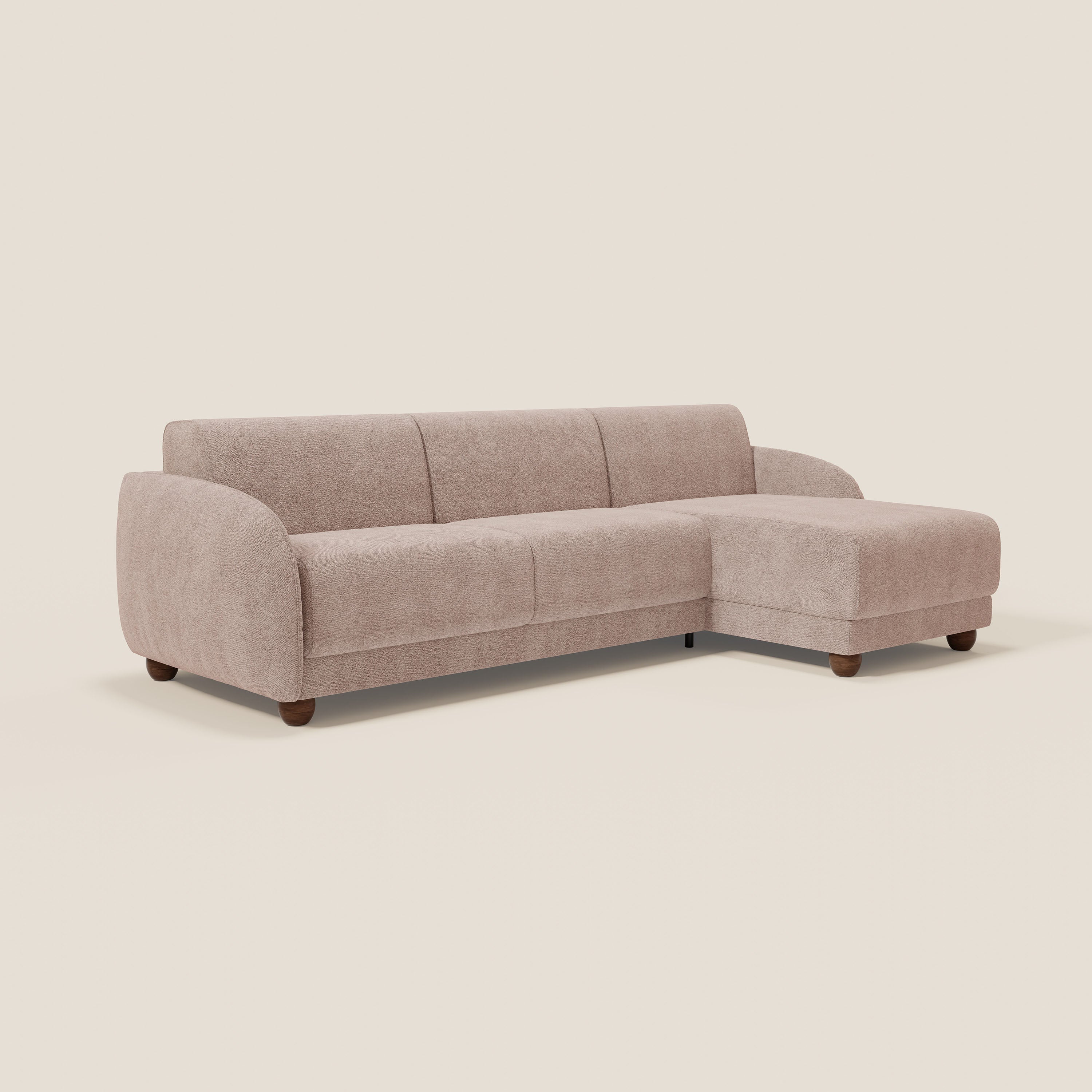 Giglio divano letto angolare con materasso alto 18 cm e penisola contenitore in morbido bouclé impermeabile T07 - divani.store