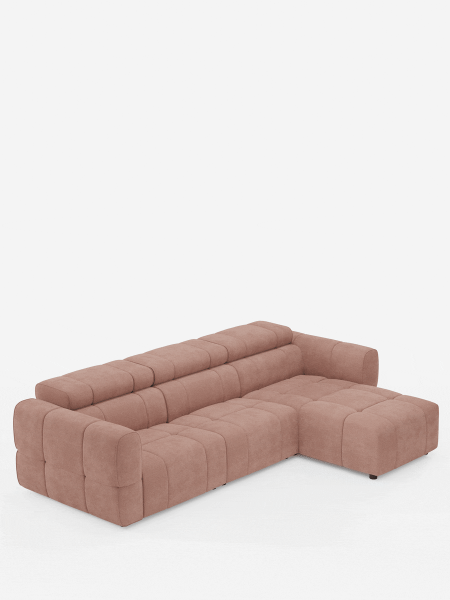 Divano angolare modulare Giotto a 5 posti da 296 cm, colore rosa polveroso, con penisola e funzione relax elettrica opzionale, rivestito in tessuto antimacchia T23; presenta un design squadrato e trapuntato, con schienali bassi e ampi braccioli integrati.