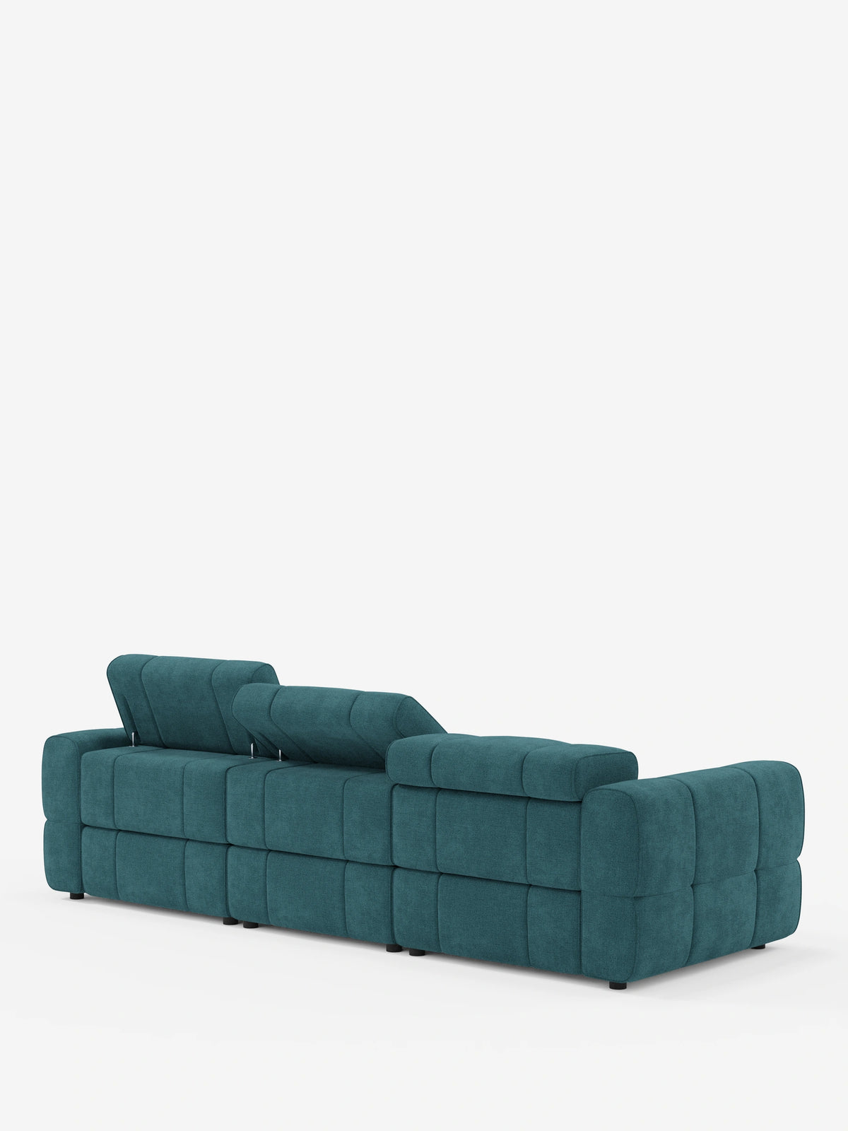 Vista posteriore di un divano angolare modulare Giotto a 5 posti da 296 cm, color verde acqua, con penisola e funzione relax elettrica opzionale, rivestito in tessuto smacchiabile T23, caratterizzato da un motivo a griglia trapuntato e poggiatesta regolabili.