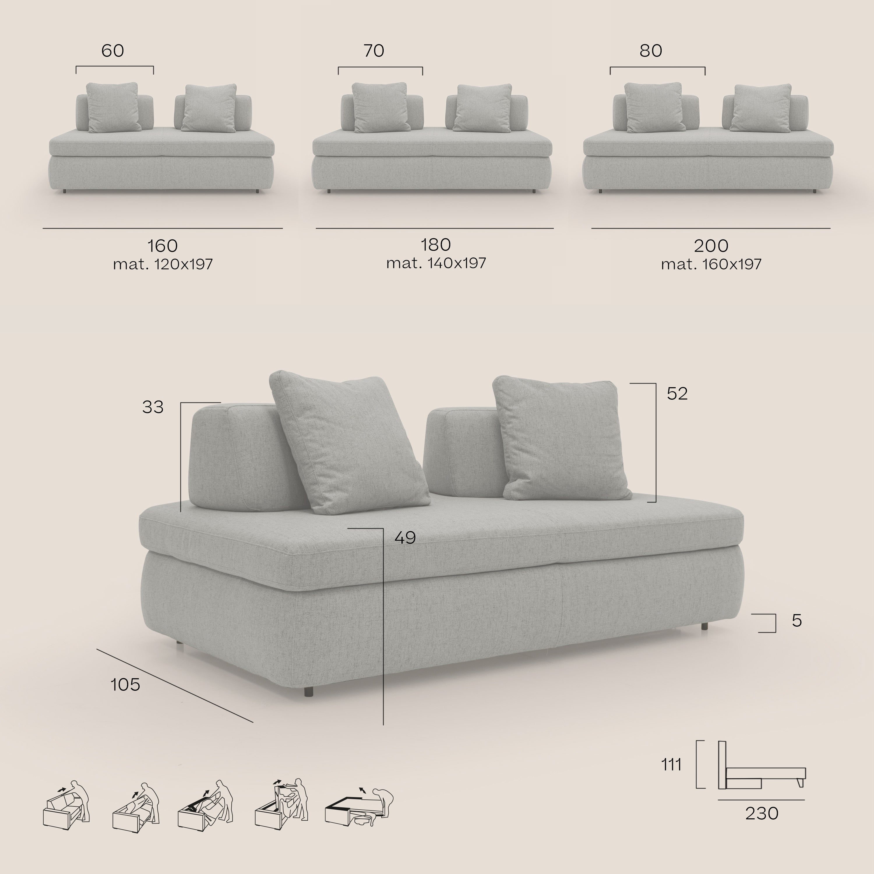 Gransasso Divano letto matrimoniale dal DESIGN innovativo in tessuto impermeabile T03 talpa - divani.store