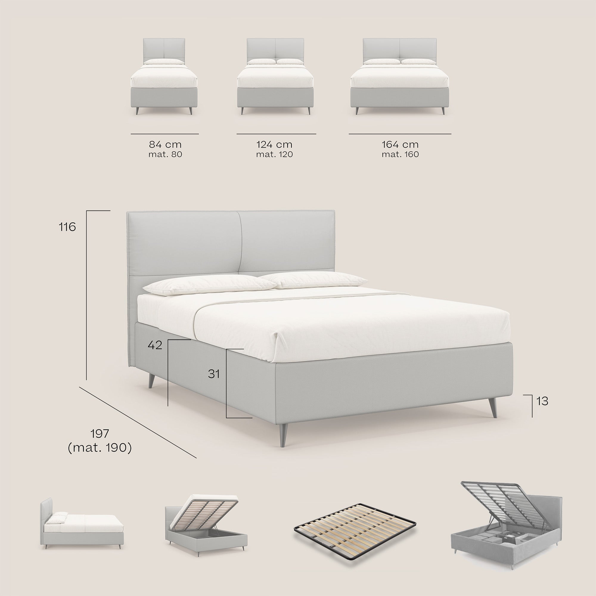 Greta letto contenitore dimensioni SLIM con testata trapuntata in ecopelle impermeabile T04 blu - divani.store