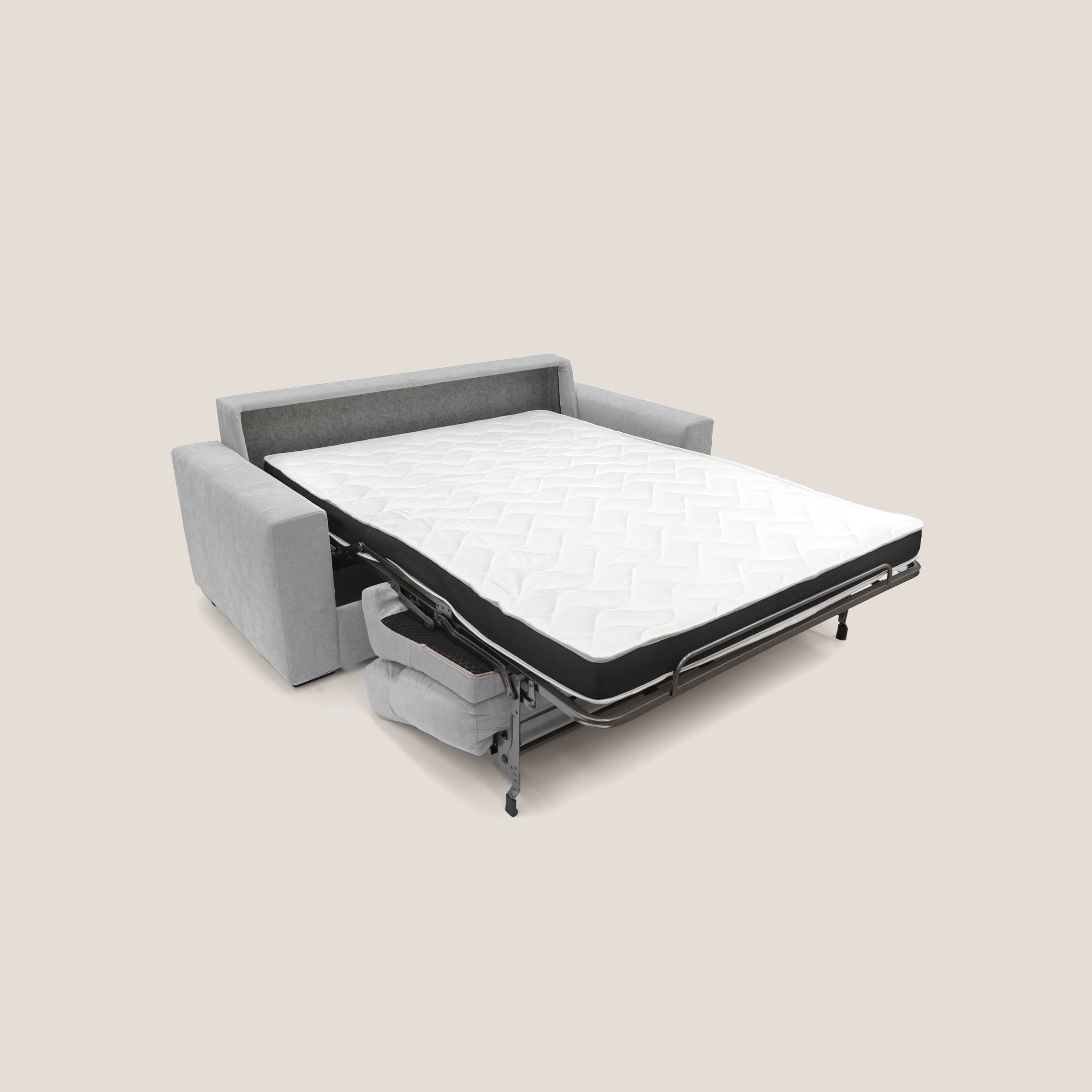 Nikita Divano letto matrimoniale con schienale morbido alto e rivestimento T02 grigio chiaro - divani.store