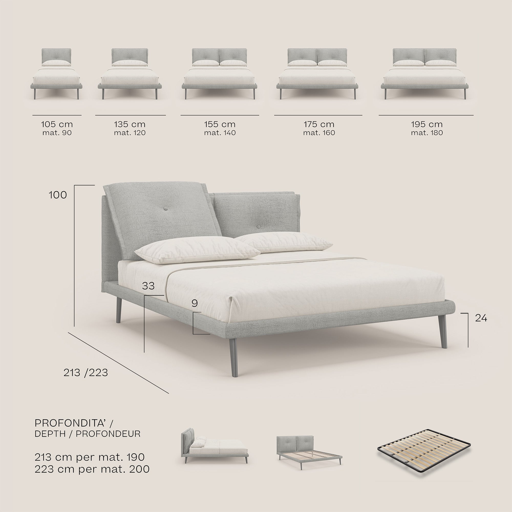 Ibuki letto con cuscini trapuntati regolabili e piedi in mogano in tessuto fiammato impermeabile T03 grigio chiaro - divani.store