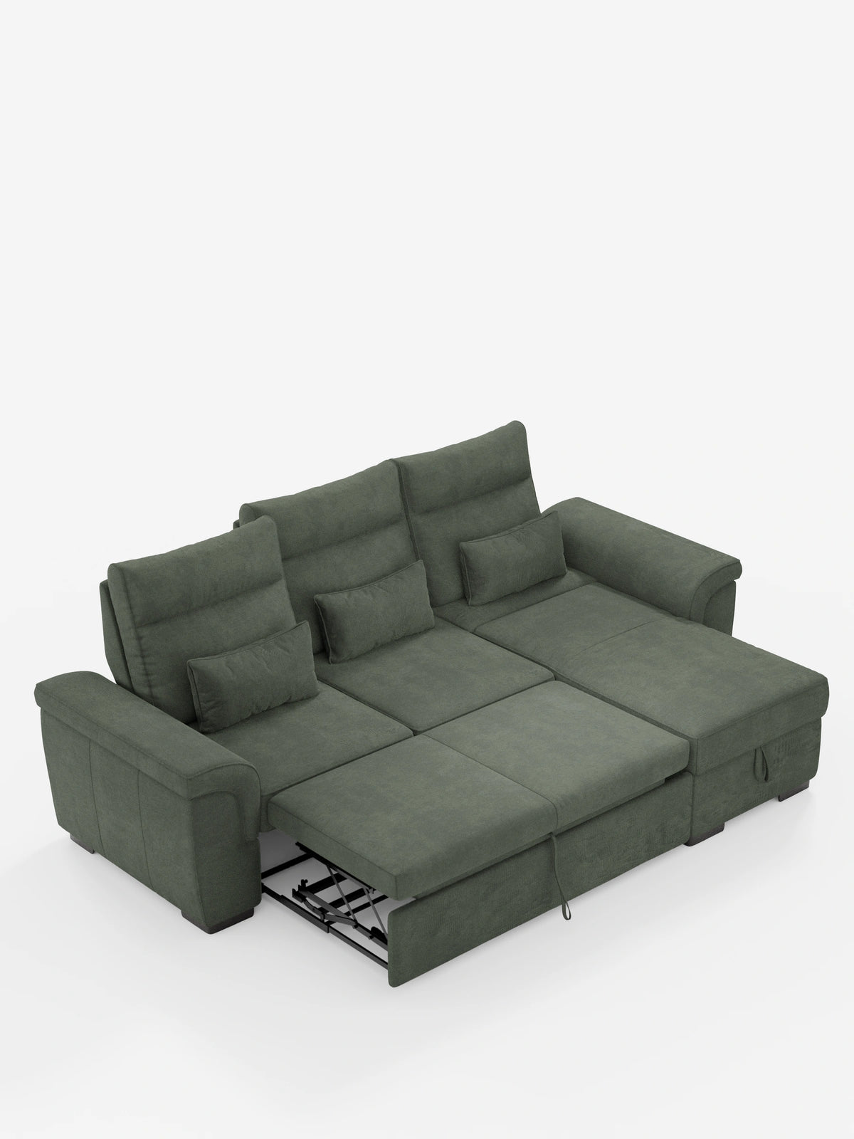 Un divano letto angolare Ischia color verde oliva con schienali regolabili, elemento estraibile e penisola contenitore in tessuto antimacchia misto lino su fondo bianco, dotato di schienali regolabili, due cuscini e una chaise longue con contenitore.