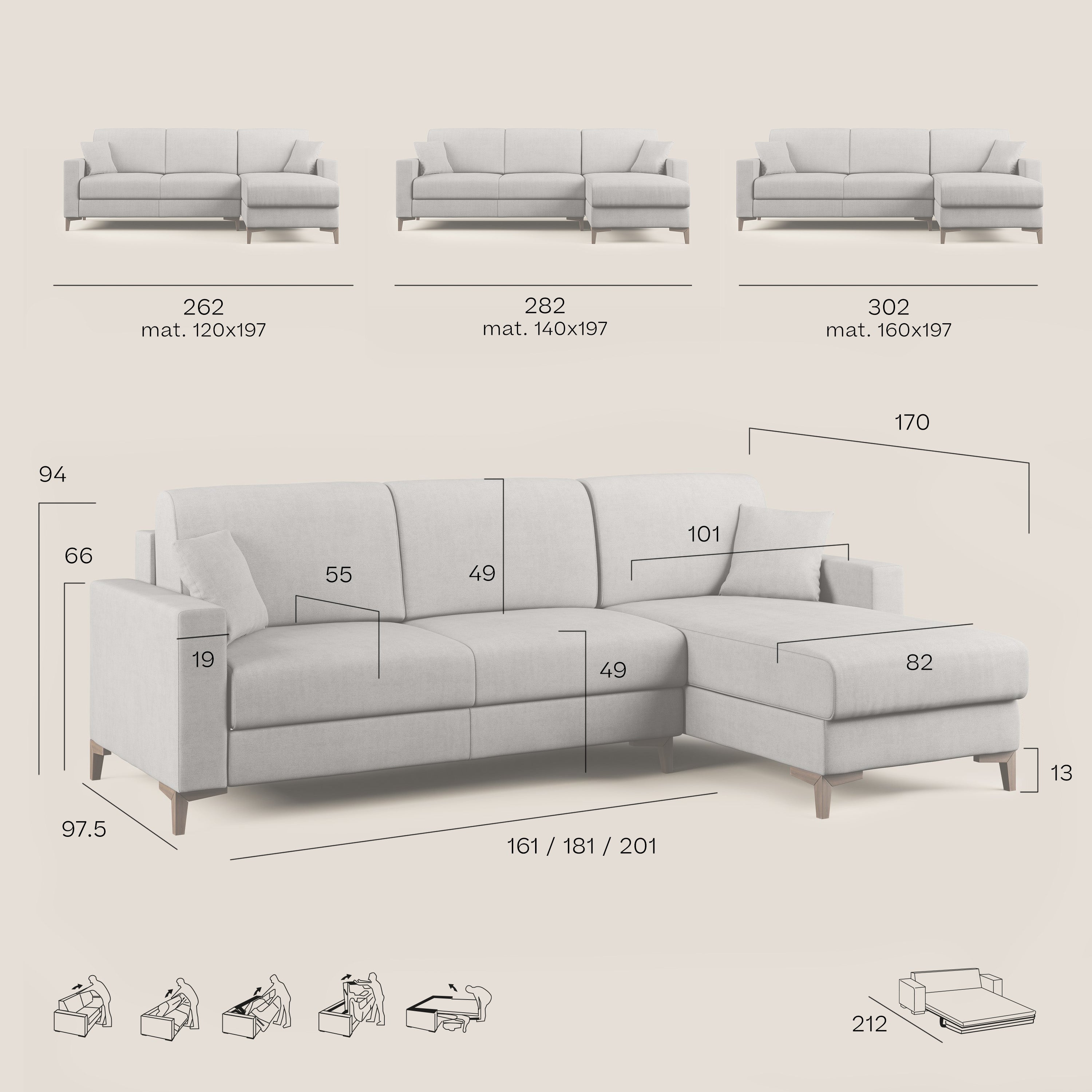 Kafka divano letto angolare in morbido tessuto impermeabile T02 grigio - divani.store