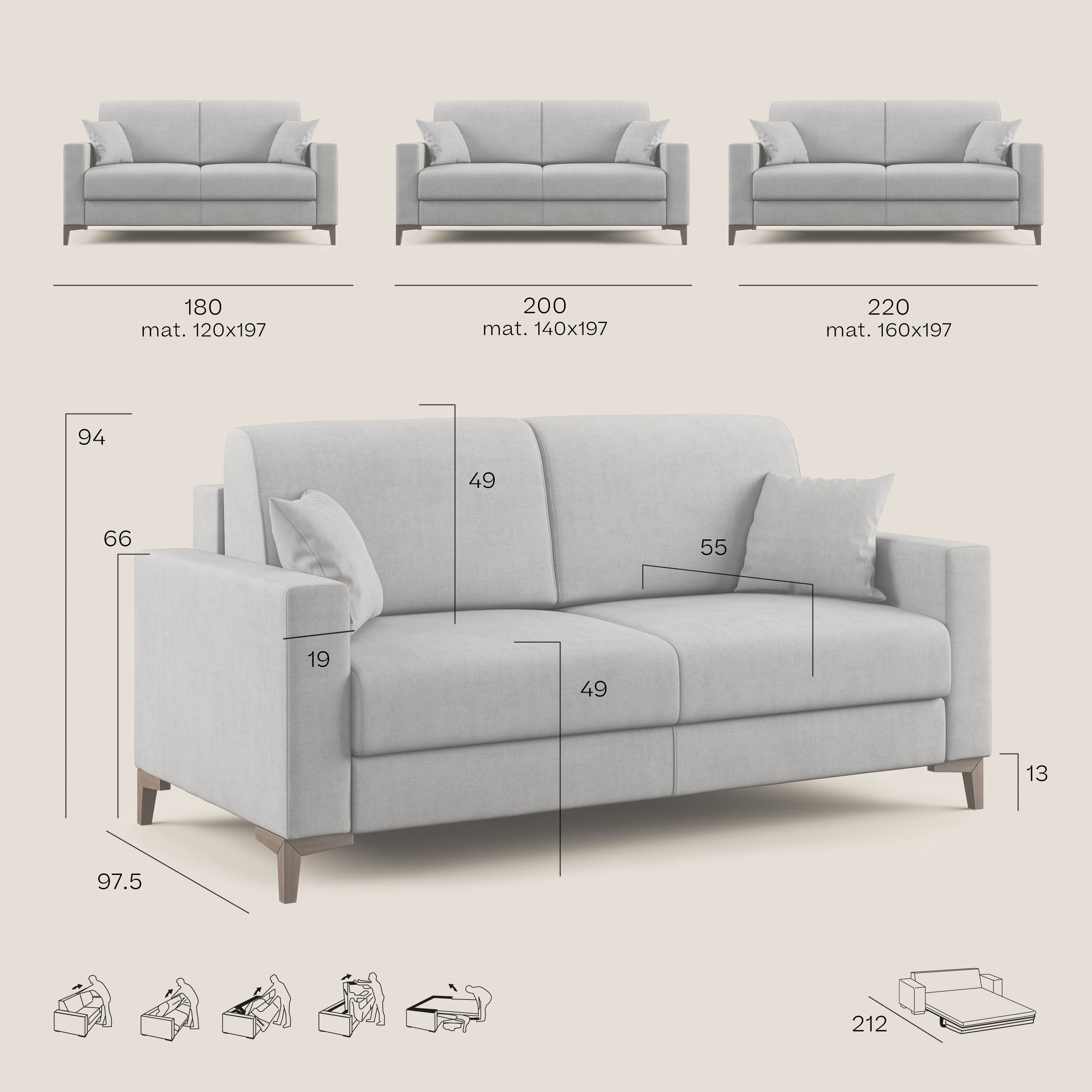 Kafka divano letto matrimoniale in morbido tessuto impermeabile T02 azzurro - divani.store