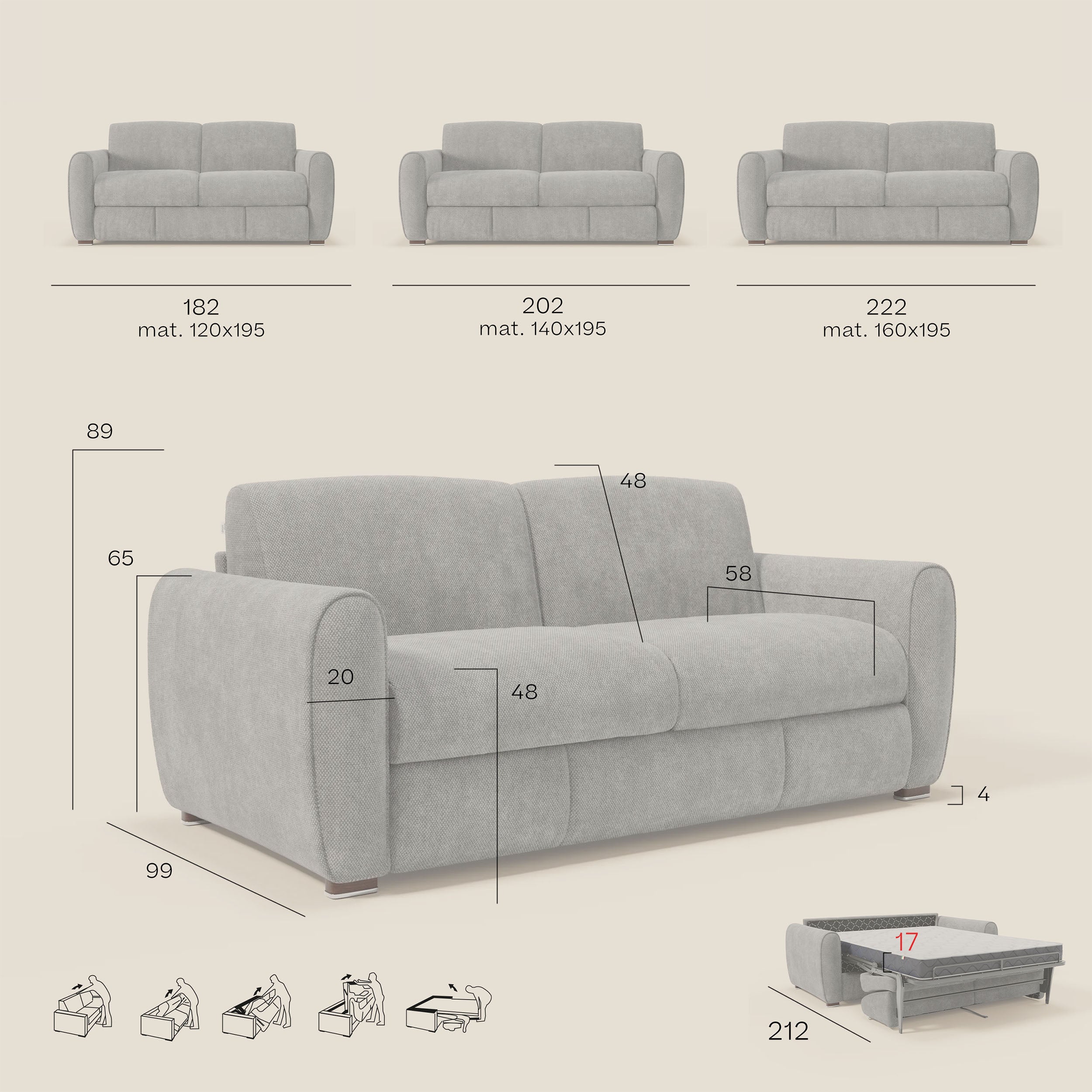 Kaleo Canapé convertible moderne avec matelas H17 cm - en tissu imperméable T26 anthracite