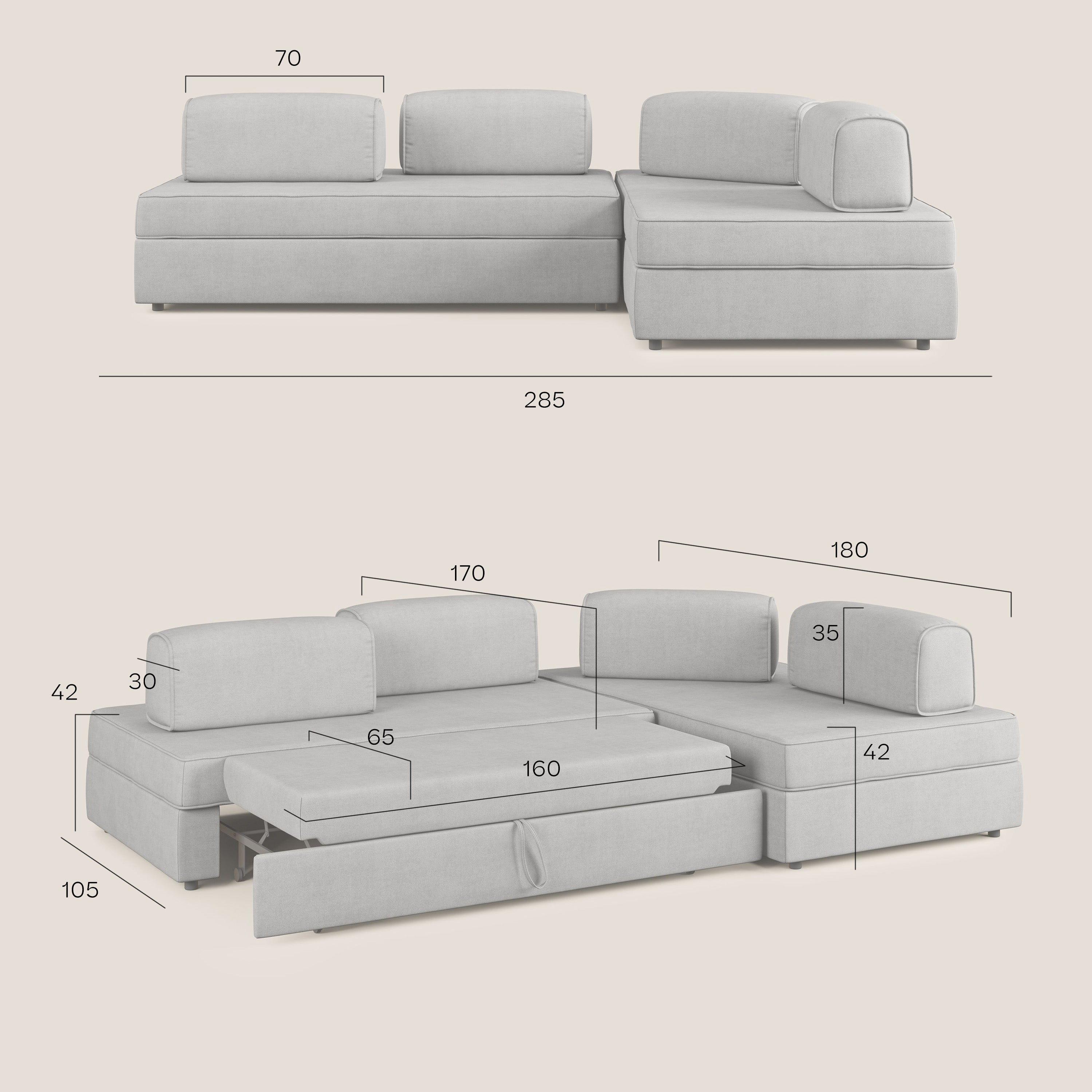Liberty divano angolare con pouf estraibile e schienali movibili in tessuto morbido impermeabile T02 carta da zucchero - divani.store