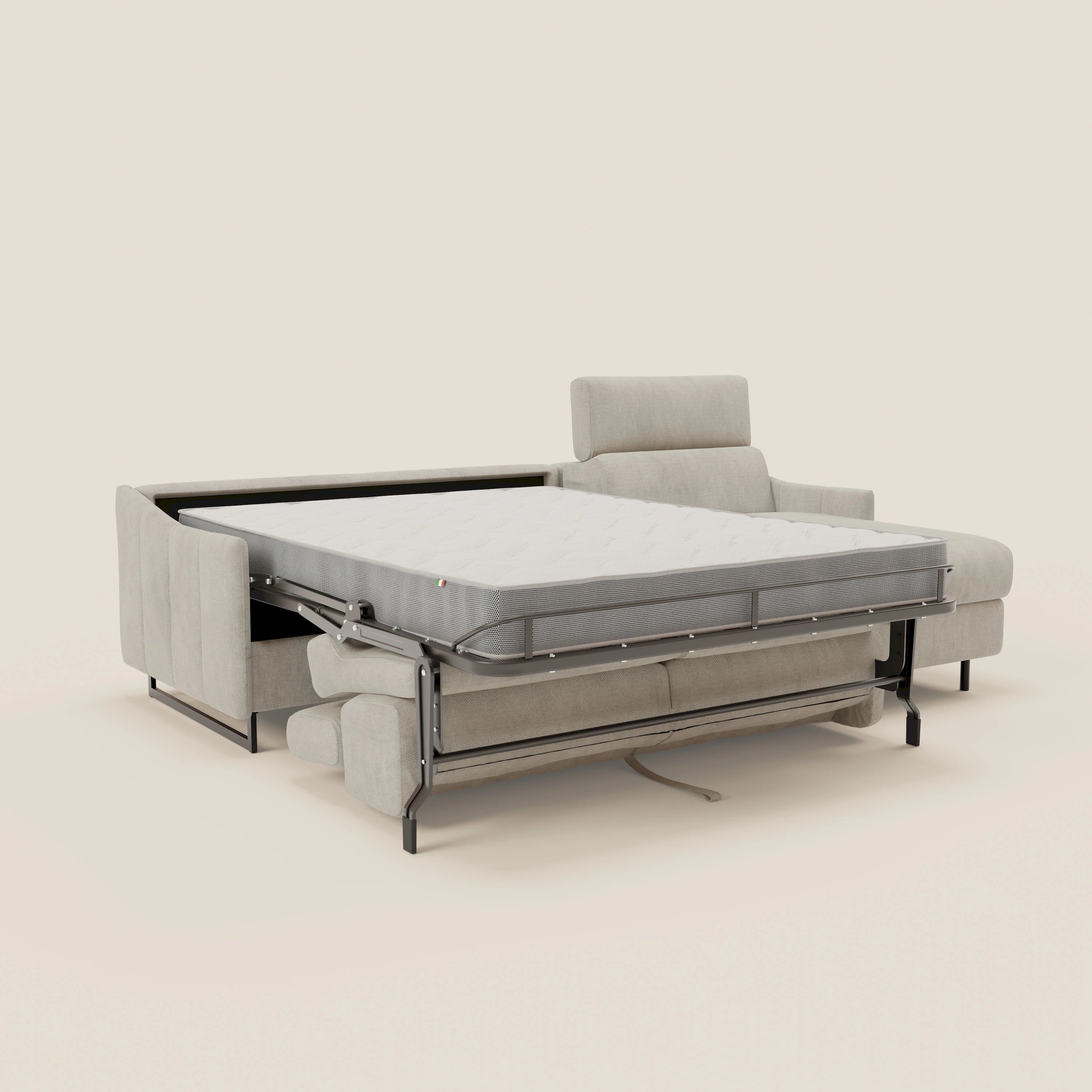 Loto Divano Letto Angolare con Penisola contenitore, Poggiatesta, Materasso Alto H18 in morbido tessuto impermeabile T14 - divani.store