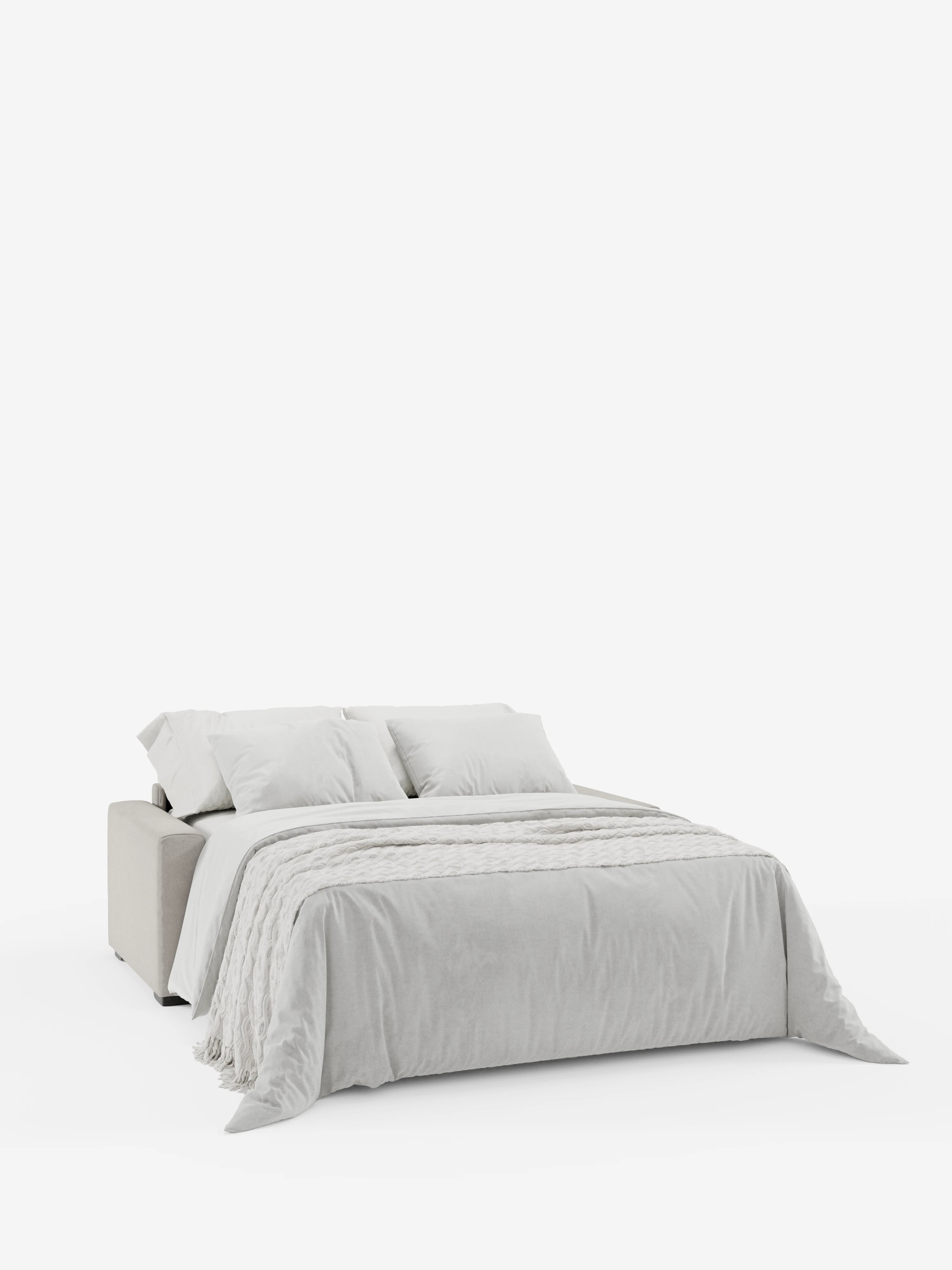 Un divano letto a 3 posti Maximus contemporaneo di Divani.Store, rivestito in tessuto grigio chiaro Oeko-Tex antimacchia, spicca su uno sfondo bianco a tinta unita. Caratterizzato dalle linee pulite e arrotondate tipiche del design italiano e dotato di un morbido materasso alto 20 cm e di poggiatesta regolabili, questo divano letto incarna l’eleganza minimalista, impreziosita da una coperta testurizzata drappeggiata con cura ai suoi piedi e da due morbidi cuscini.