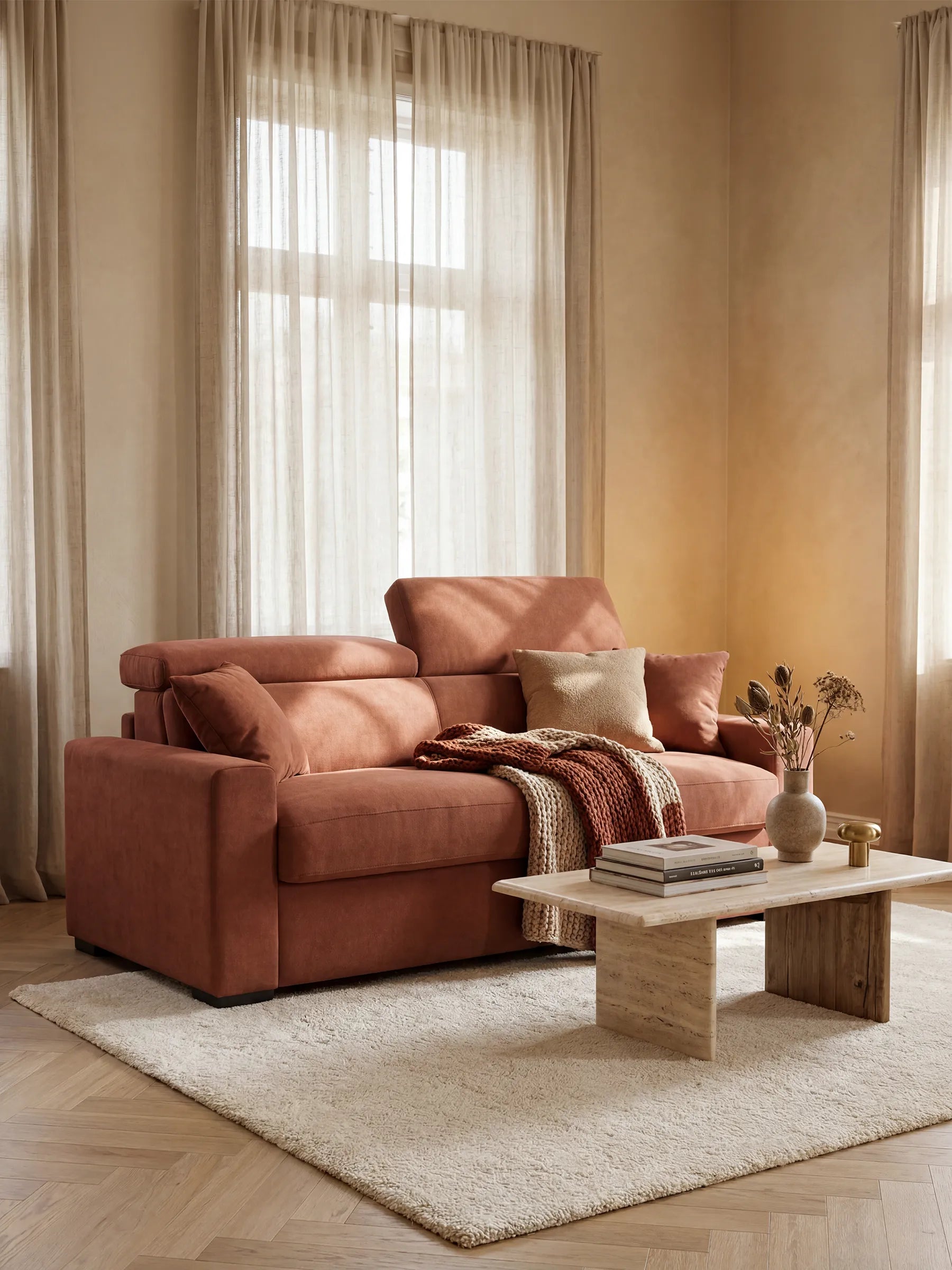 Un divano letto Maximus a 3 posti con materasso ALTO 20 cm di Divani.Store, dotato di poggiatesta reclinabili in tessuto color ruggine certificato Oeko-Tex e resistente alle macchie, è impreziosito da cuscini e da una coperta a righe in maglia e poggia su un tappeto color crema. Di fronte, un tavolino basso in pietra beige ospita libri, un vaso di fiori secchi e una tazza. Tende trasparenti ricadono sulle ampie finestre, lasciando che una morbida luce naturale inondi la stanza.