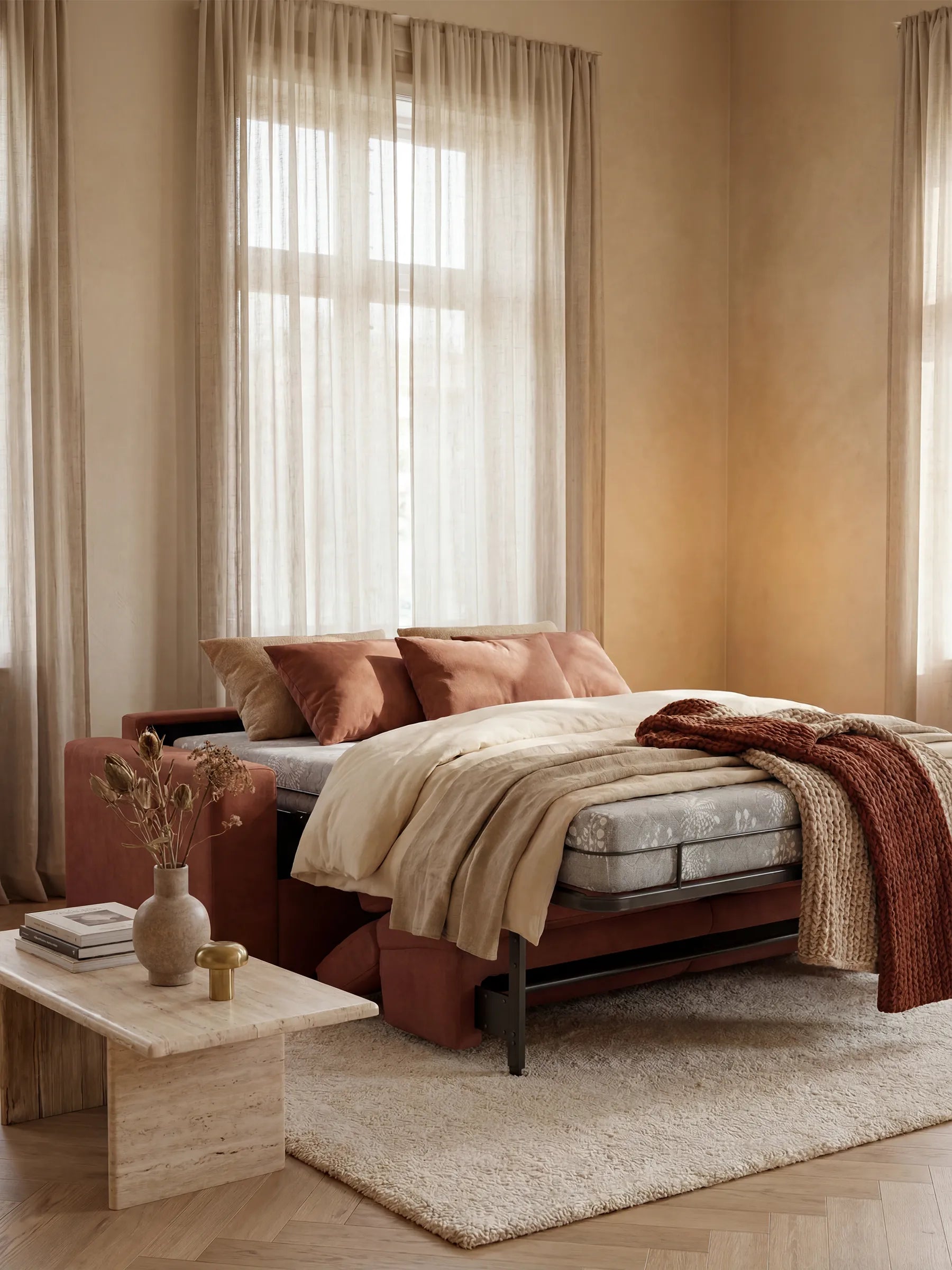 Un'accogliente camera da letto è arredata con il divano letto Maximus a 3 posti e materasso ALTO 20 cm di Divani.Store, con biancheria da letto nei toni del beige e del ruggine, affiancato da tende trasparenti. Un tappeto beige ricopre il pavimento in legno, mentre su un tavolino in marmo sono disposti un vaso di fiori secchi e un piccolo contenitore dorato, che creano un'atmosfera calda e invitante.