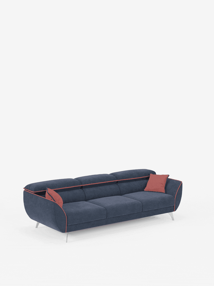 Vi presentiamo il divano Michelangelo 4 Posti bicolore di Divani.Store: un divano contemporaneo blu navy dotato di tre sedute estensibili e poggiatesta reclinabili, realizzato in tessuto T23 resistente alle macchie. Impreziosito da sottili gambe in metallo, da un accattivante bordino rosso lungo i bordi e da un unico cuscino decorativo rosso posizionato sul lato destro, questo divano moderno di ispirazione lussuosa diventa il protagonista assoluto su uno sfondo bianco a tinta unita.