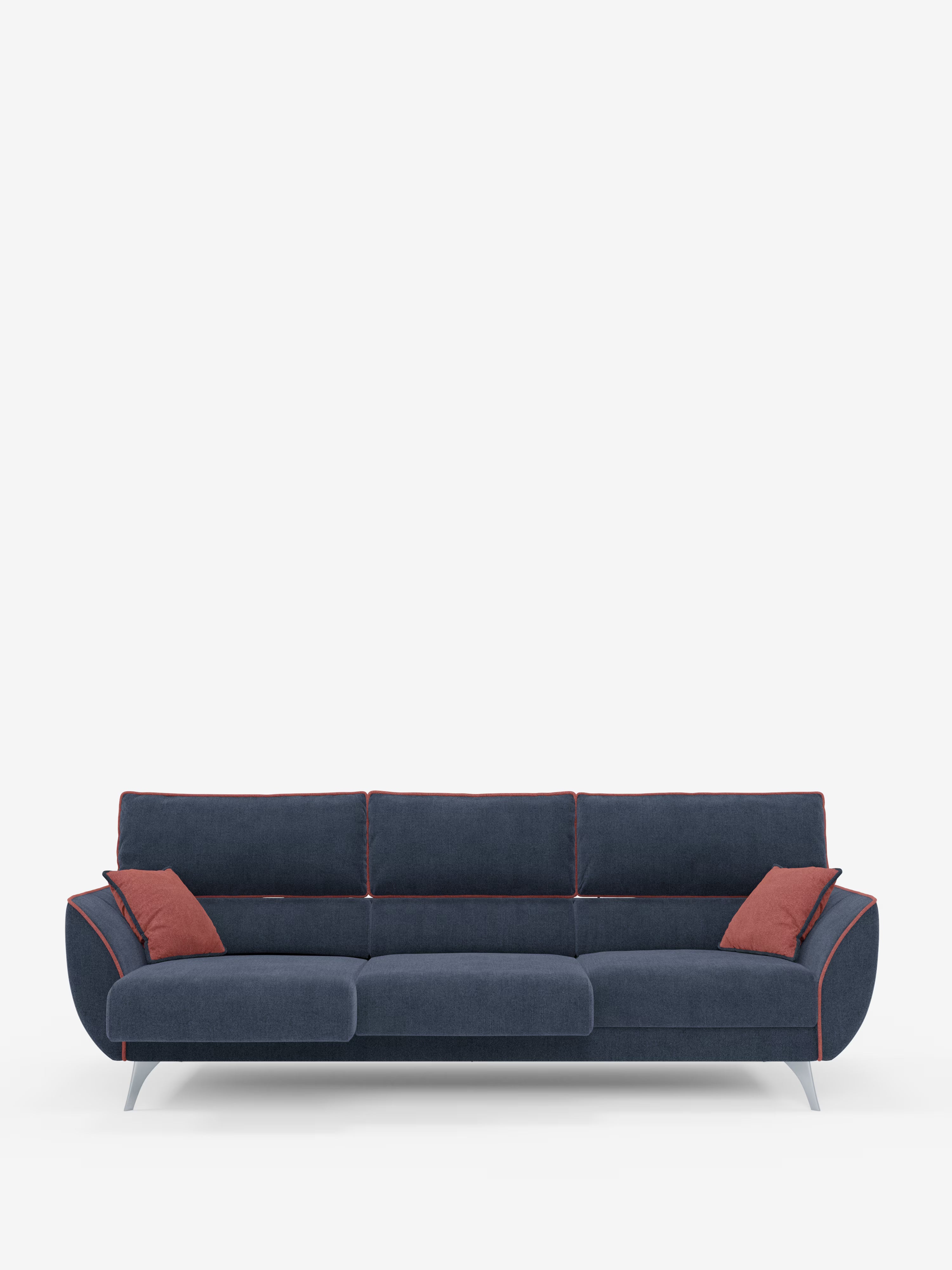 Un divano contemporaneo Michelangelo 4 Posti bicolore di Divani.Store, rivestito in tessuto T23 blu navy facile da pulire, è dotato di tre cuscini di seduta estraibili e tre poggiatesta reclinabili. Il design elegante è impreziosito da una sottile bordatura rosa e poggia su gambe argentate angolate che conferiscono un tocco moderno. Due cuscini decorativi rossi e due cuscini cilindrici rossi sono disposti alle due estremità, in contrasto con lo sfondo bianco a tinta unita.
