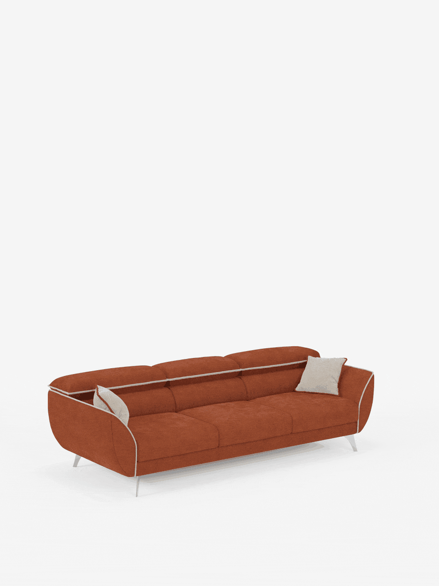 Il divano Michelangelo 4 Posti bicolore di Divani.Store è un divano moderno color ruggine con braccioli ricurvi, gambe argentate e due cuscini decorativi beige, presentato su uno sfondo bianco a tinta unita. Questo divano moderno presenta un design elegante e contemporaneo con una sottile bordatura lungo i bordi, tre sedute scorrevoli estensibili e poggiatesta regolabili. Rivestito in tessuto T23 facile da pulire, offre sia stile che comfort versatile.